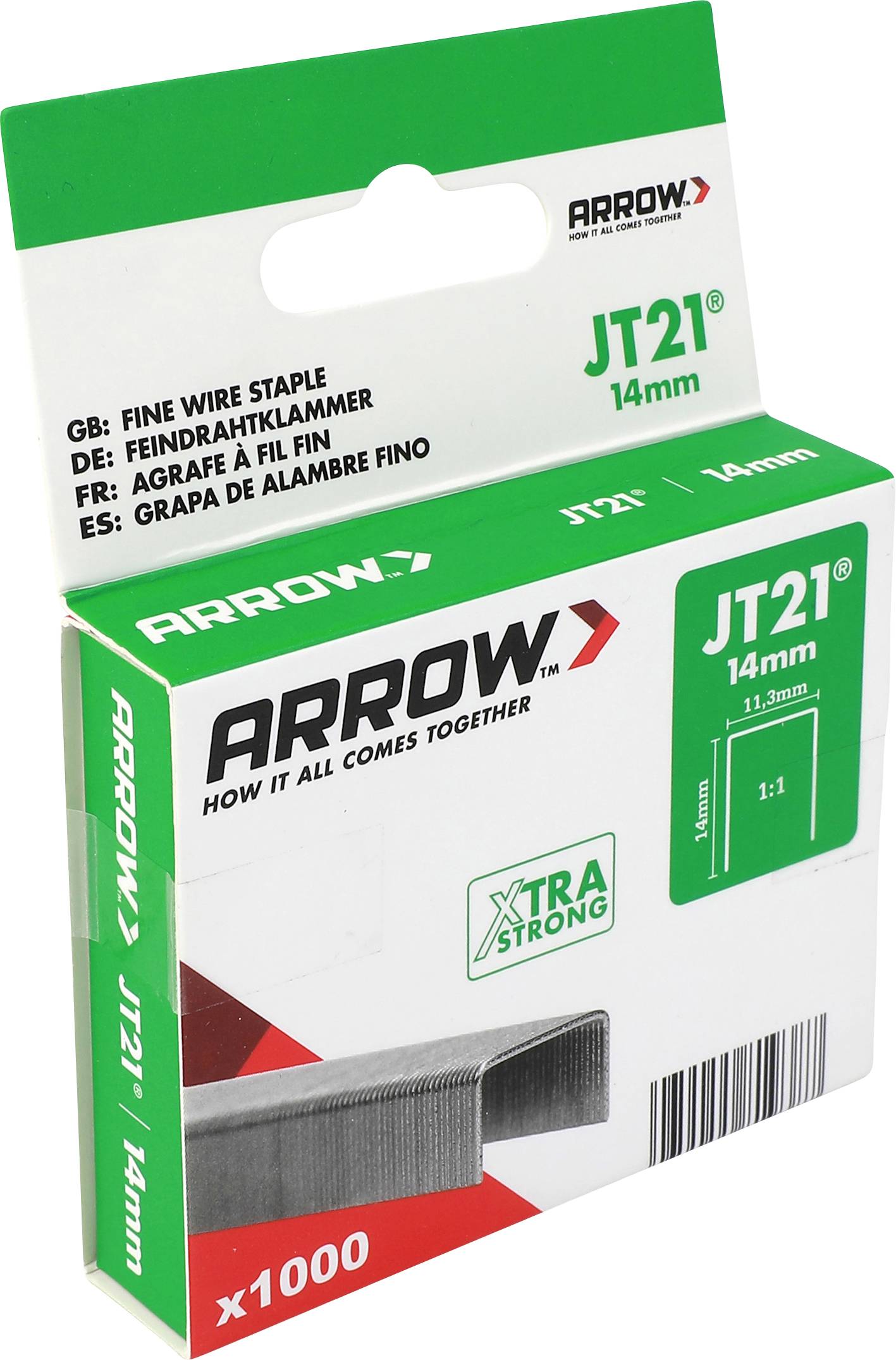 Arrow JT21 14 mm Feindraht-Heftklammern Box, 1000er Packung, auf weißem Hintergrund dargestellt.