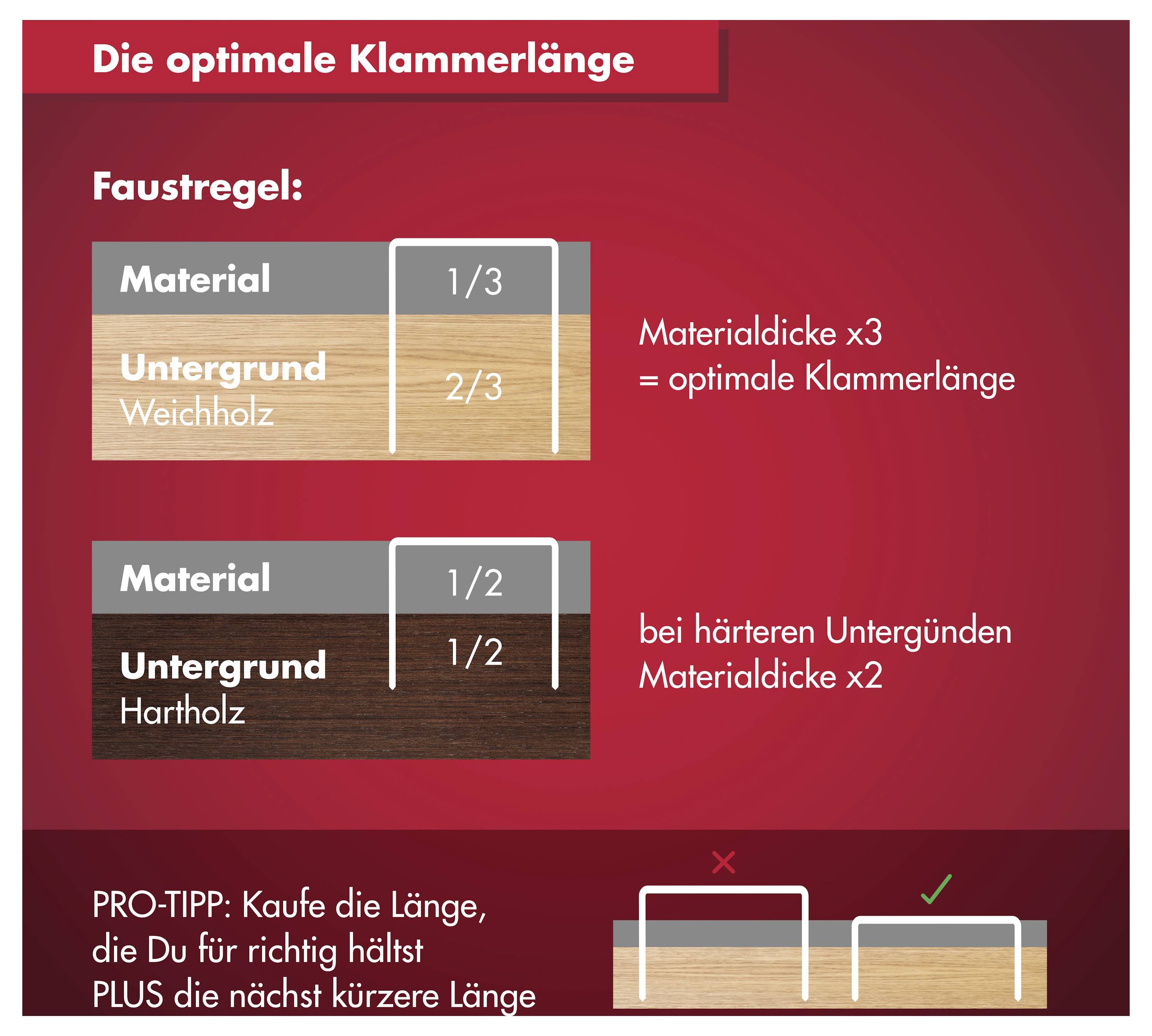 Infografik zur Heftklammerlänge: Bei Weichholz sollten die Heftklammerschenkel 1/3 Materialdicke und 2/3 Untergrund-/Substratdicke betragen; bei Hartholz 1/2 und 1/2, mit einem Hinweis, die nächst längere Größe zu kaufen.