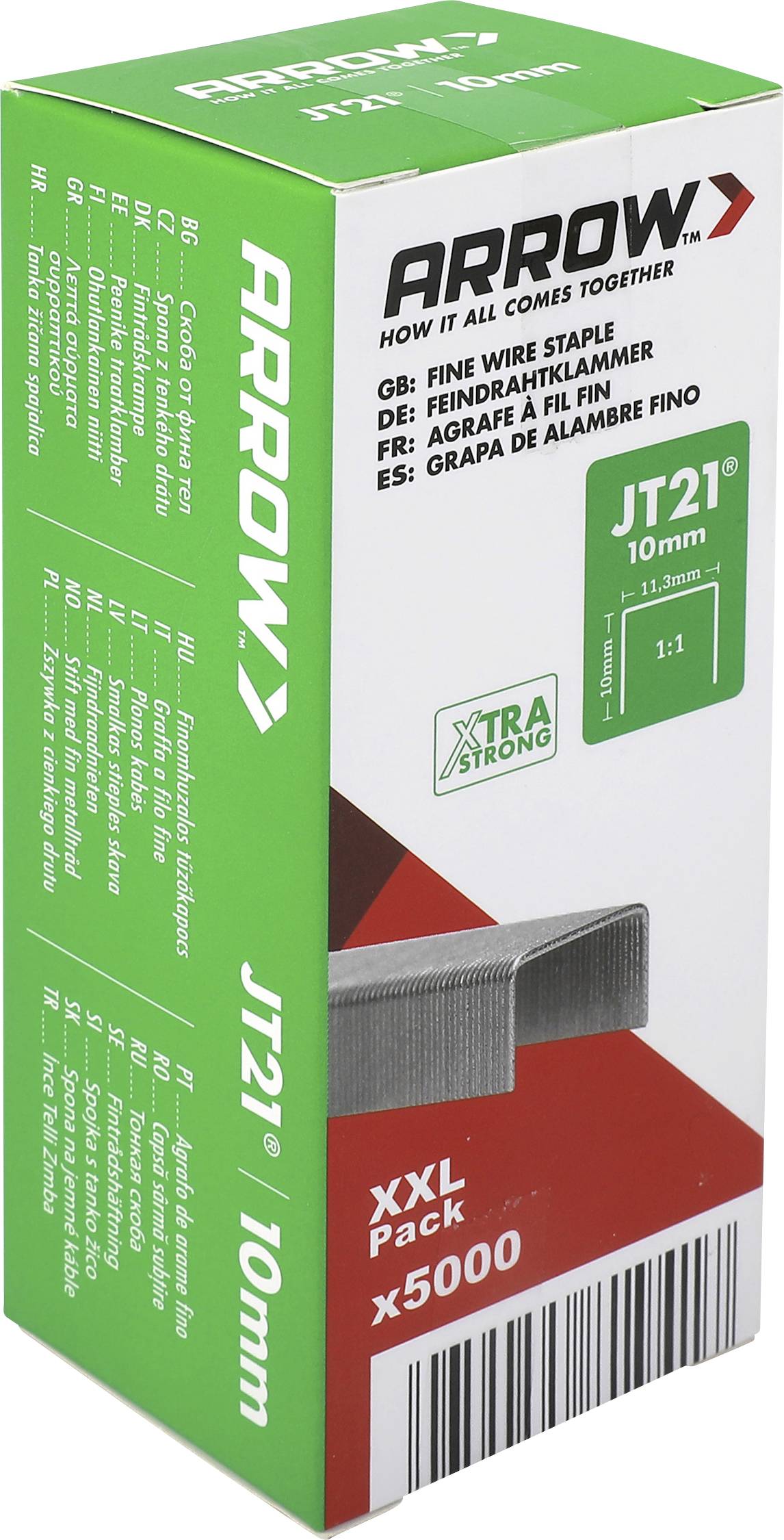 Arrow JT21 10mm Feindraht-Heftklammern Karton, beschriftet mit 'XXL Pack x5000' und 'Xtra Strong'.