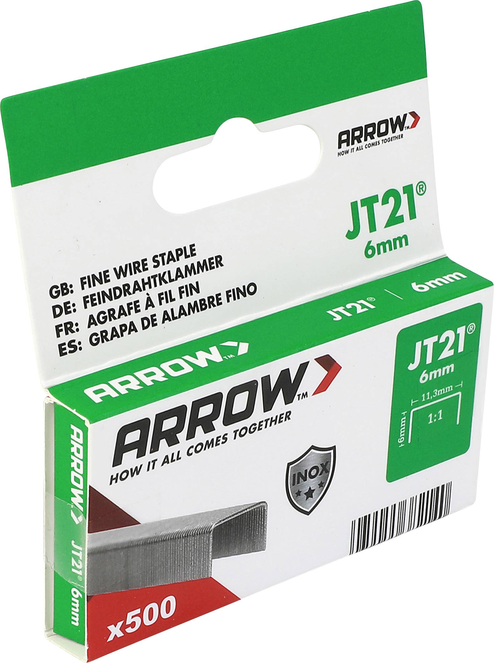 Schachteln mit Arrow JT21 6-mm-Feindrahtheftern, die eine Packung mit 500 Stück und Produktmarkenzeichen auf grün-weißer Verpackung zeigen.