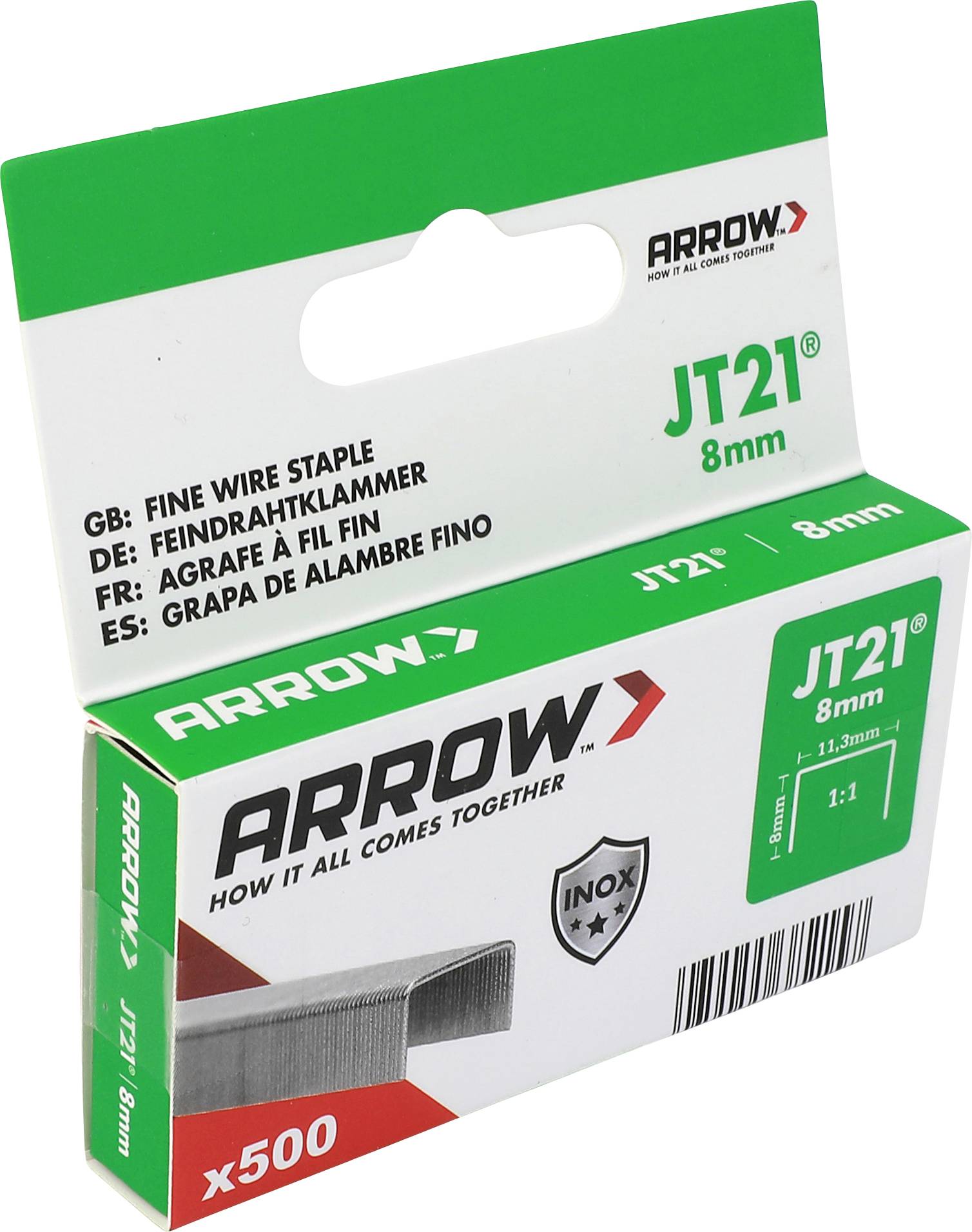 Arrow JT21 8mm Feindraht-Heftklammern, 500er-Packung in grün-weißer Verpackung.