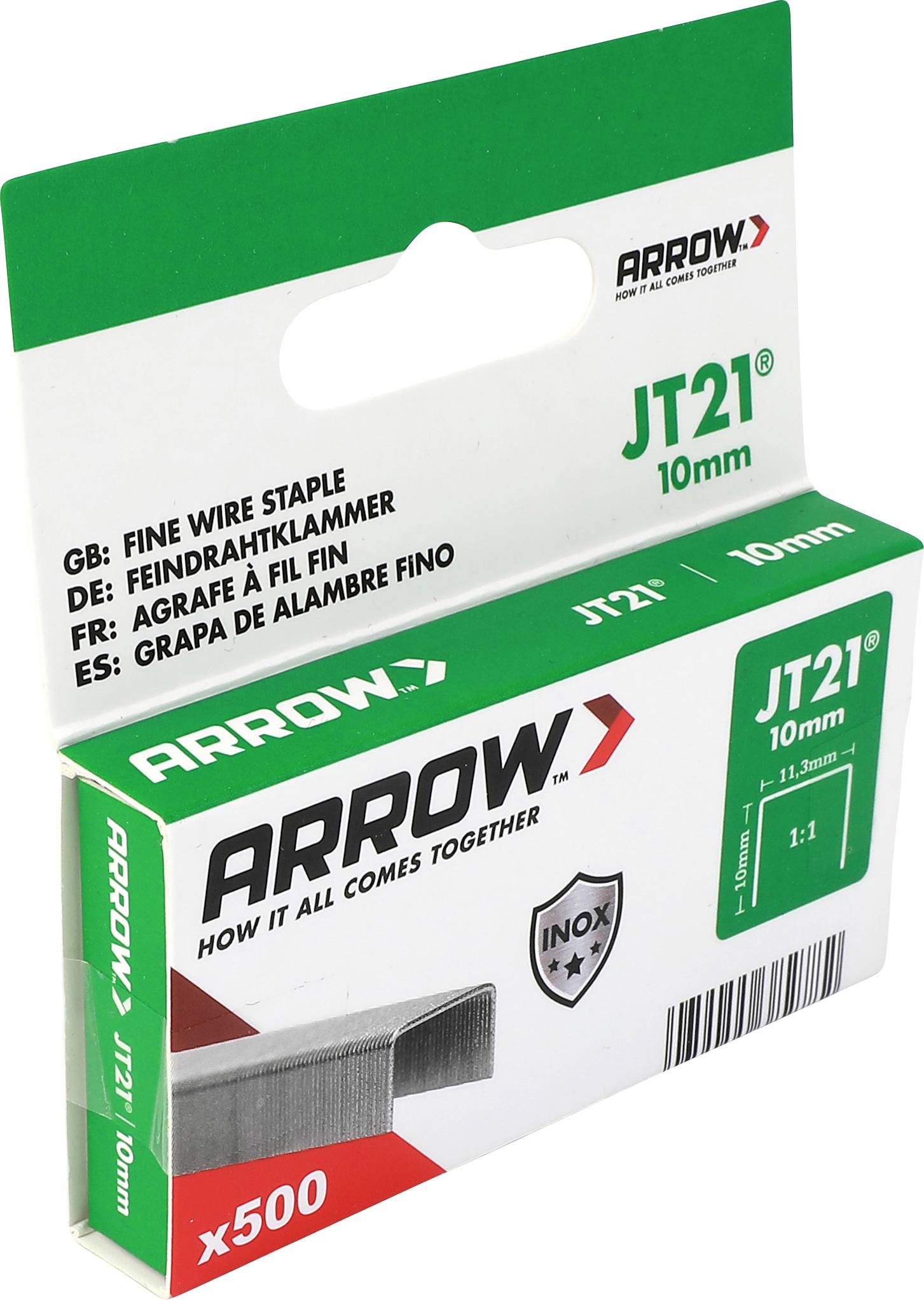 Arrow JT21 10mm Drahtklammern in einer Box, 500er Pack, grün-weiße Verpackung mit Produktbranding.
