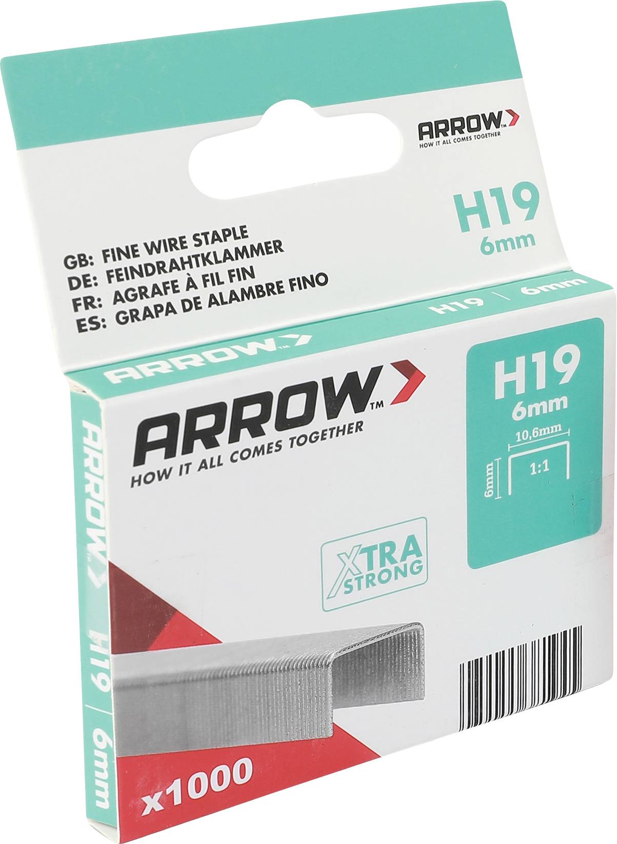 Schachtel mit Arrow H19 6mm Feindraht-Heftklammern, 1000er Packung, auf weißem Hintergrund dargestellt.