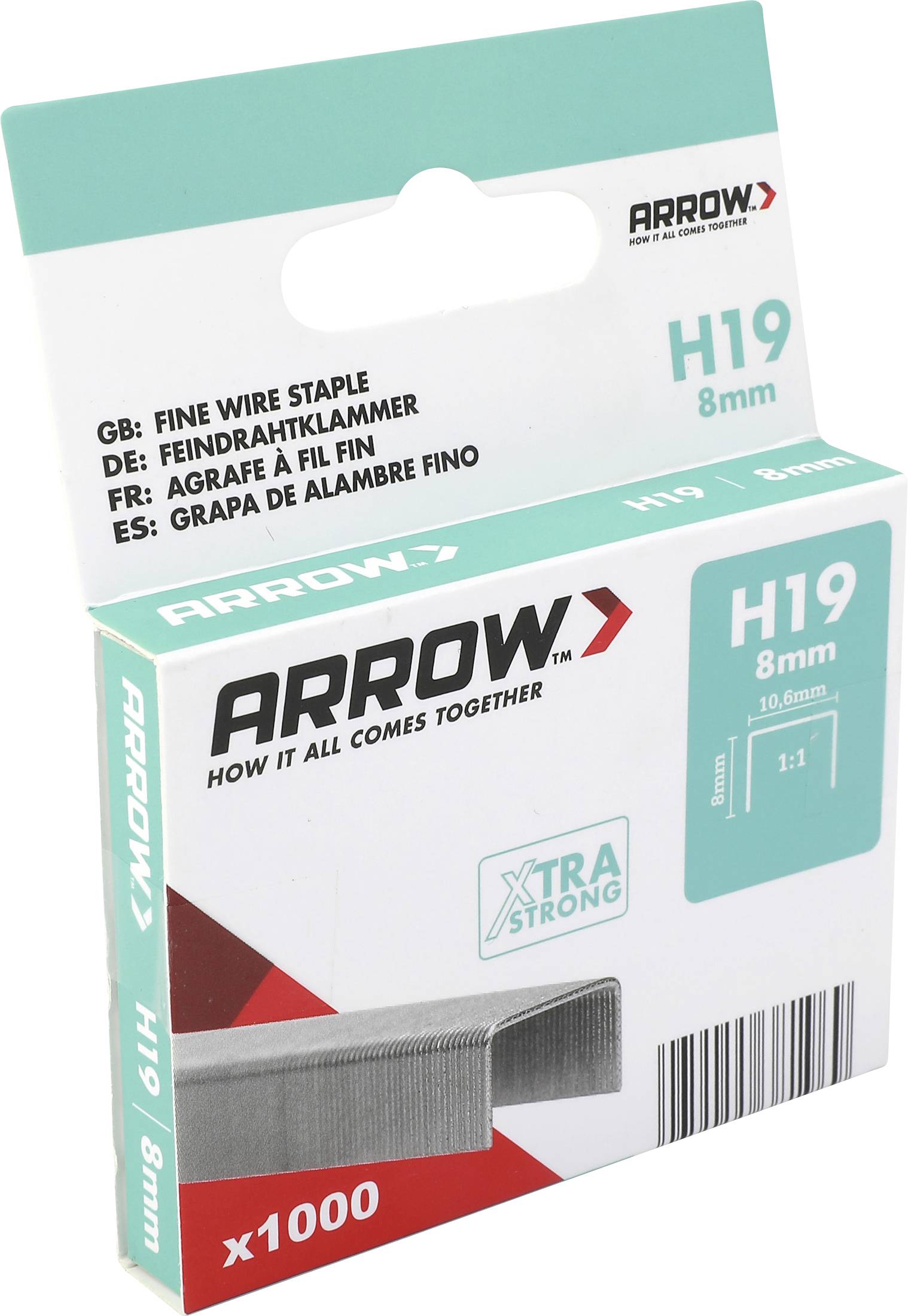 Schachteln mit Arrow H19 8mm feinen Drahtklammern, gekennzeichnet mit x1000 und 