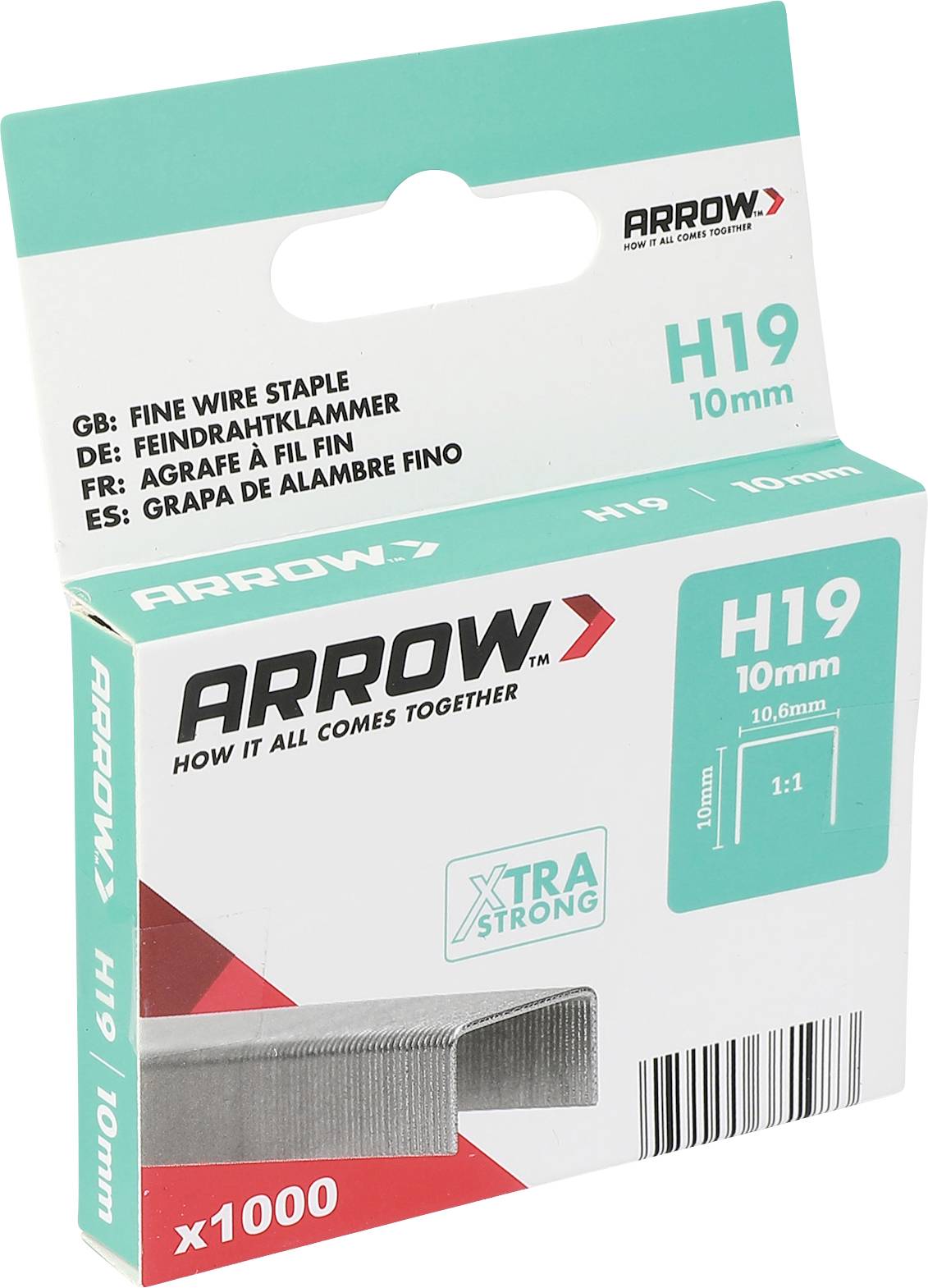 Arrow H19 10mm Feindraht-Klammern Schachtel, markiert x1000 und „extra stark