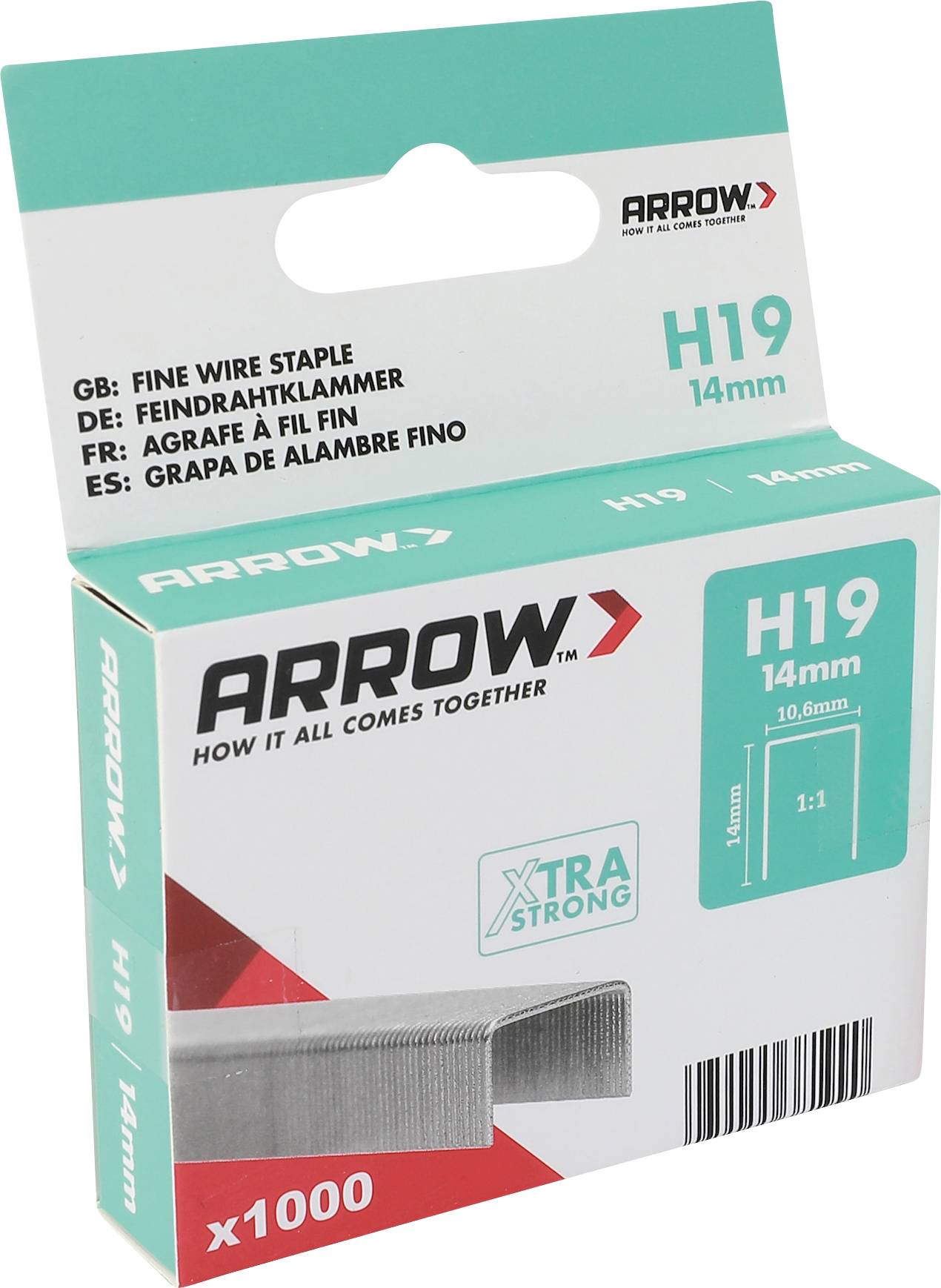 Karton mit Arrow H19 14mm Feindraht-Heftklammern, beschriftet x1000, auf weißem Hintergrund dargestellt.
