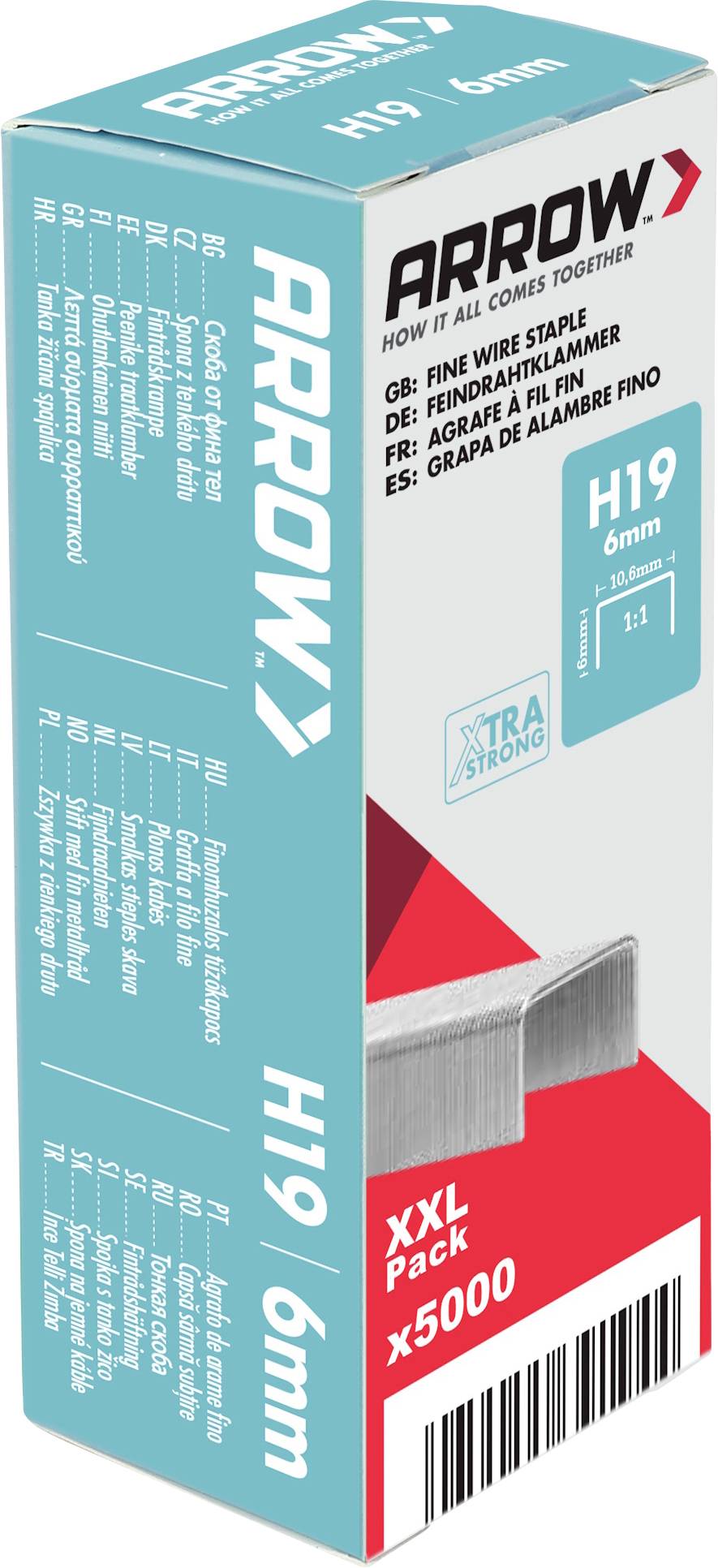 Packung Arrow H19 6mm Druckluft-Heftklammern mit türkisblauer, weißer und roter Verpackung sowie Barcode auf der Vorderseite.