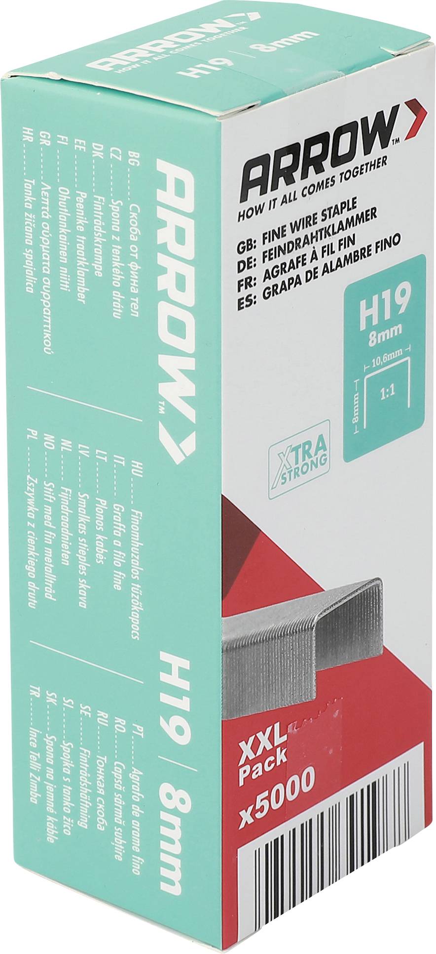 Schachtel mit Arrow H19 8mm Heftklammern, Verpackung in Blaugrün und Weiß mit rotem Boden und Barcode.