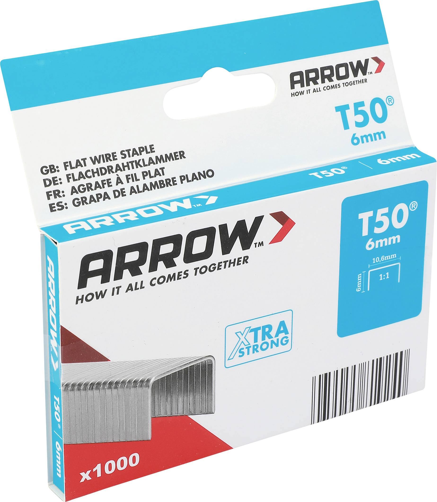 ARROW T50 6mm flache Drahtklammern, Box mit 1000 Stück und extra stark.