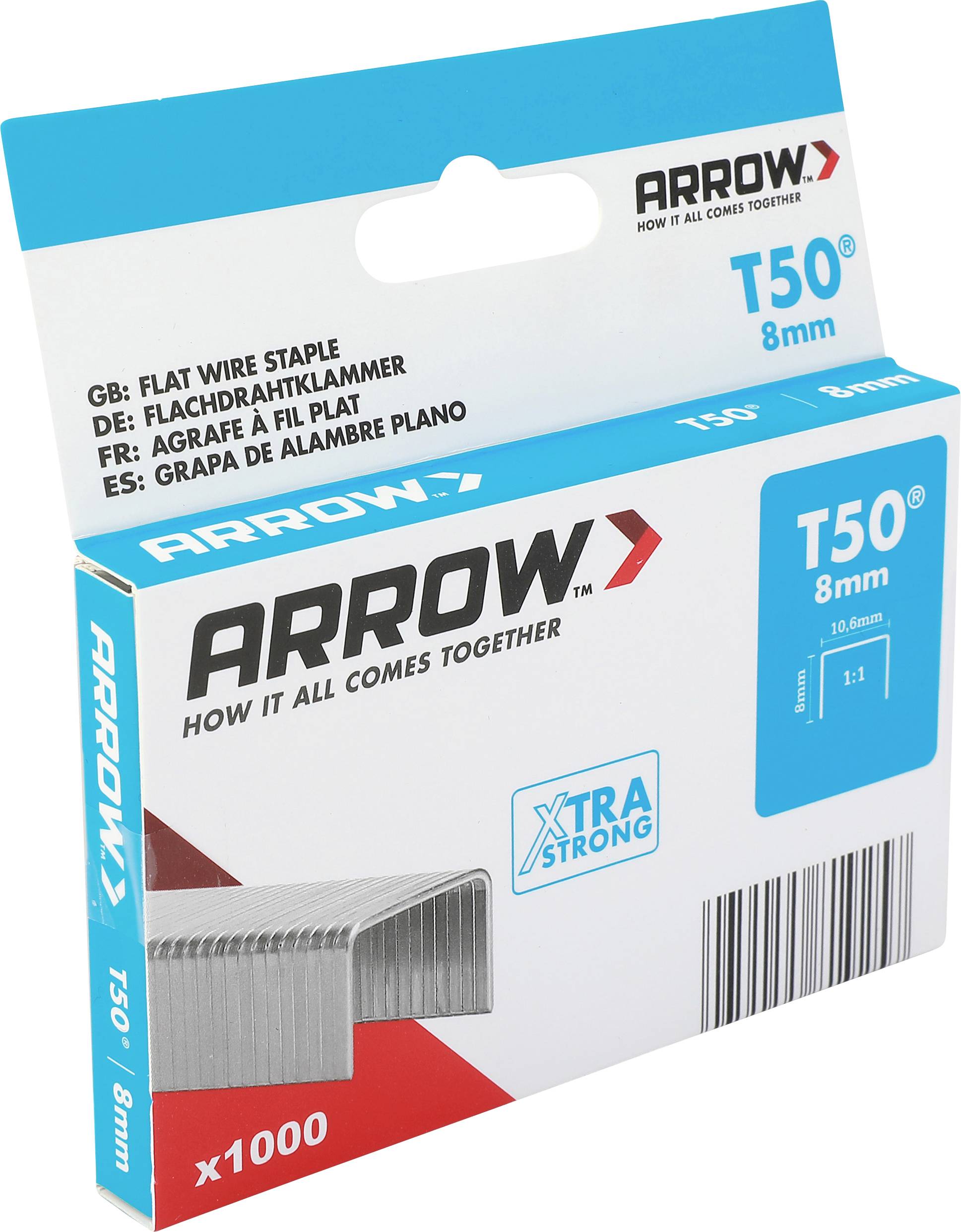 Arrow T50 8mm Flachdrahtheftklammern Karton, zeigt 1000 Heftklammern und 