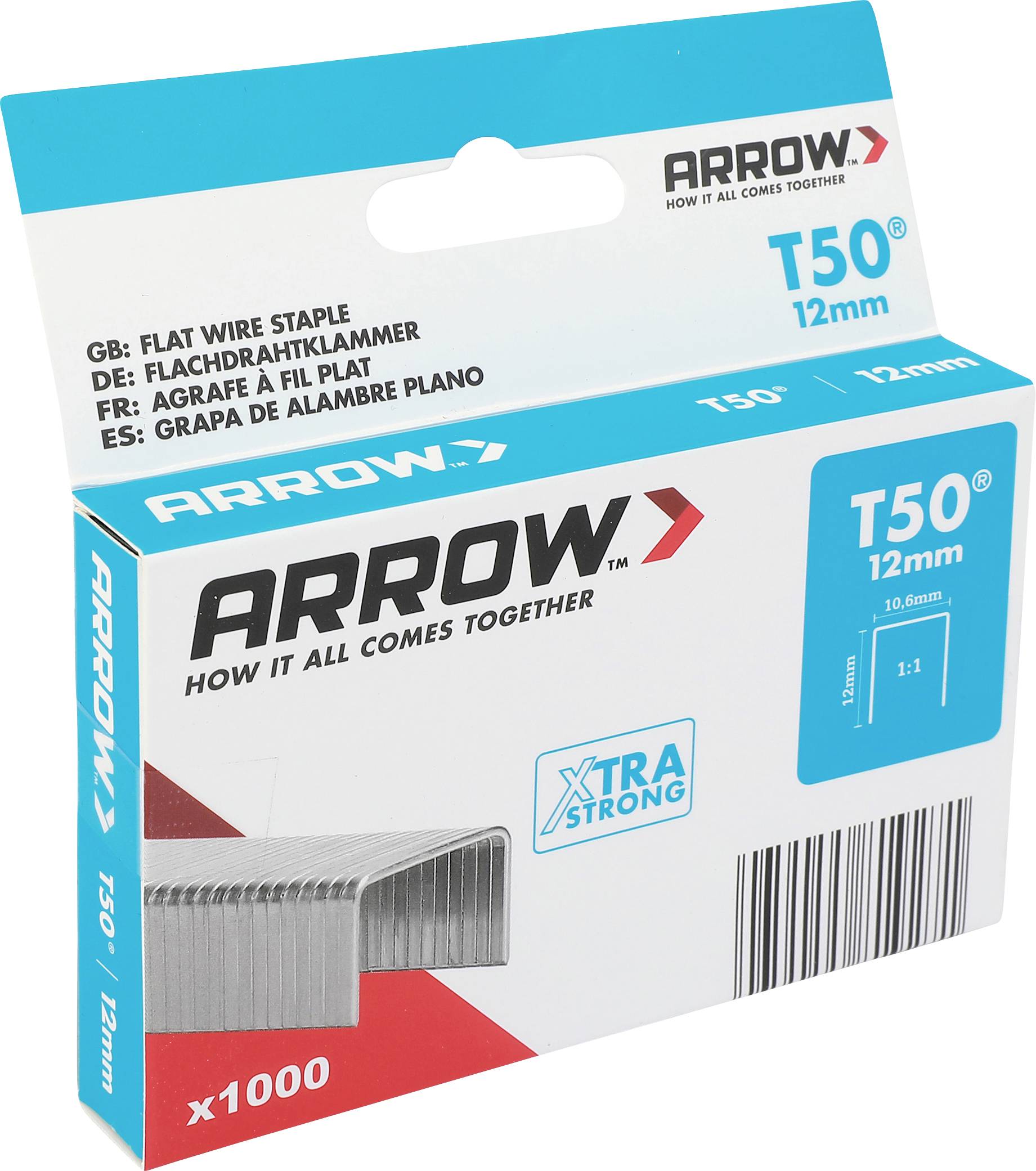 ARROW T50 12mm flache Drahtklammern Schachtel, mit x1000 und XTRA STRONG gekennzeichnet, auf weißem Hintergrund gezeigt.