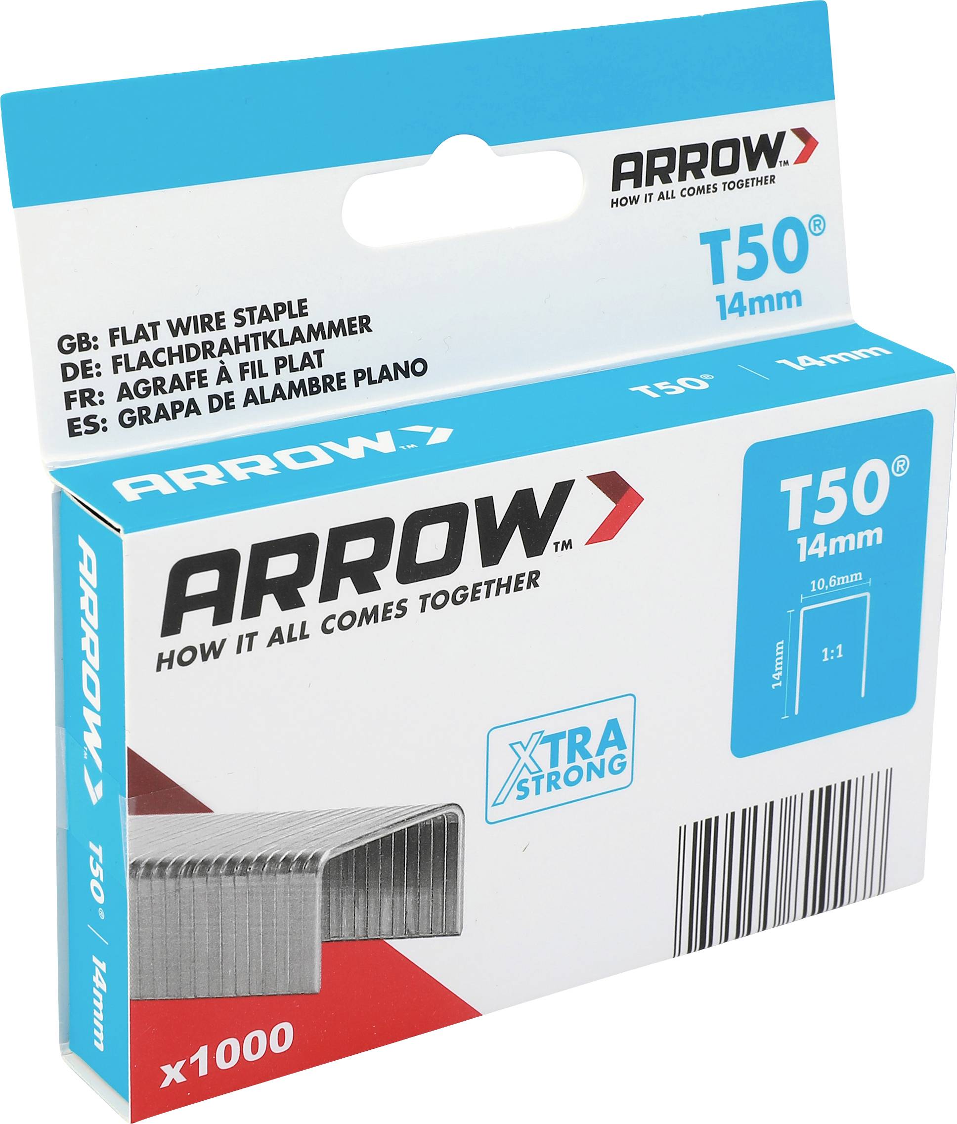 Paket Arrow T50 14mm Flachdraht-Heftklammern, gekennzeichnet mit 'x1000' und 'Xtra Strong', mit Produktabbildung und Barcode.