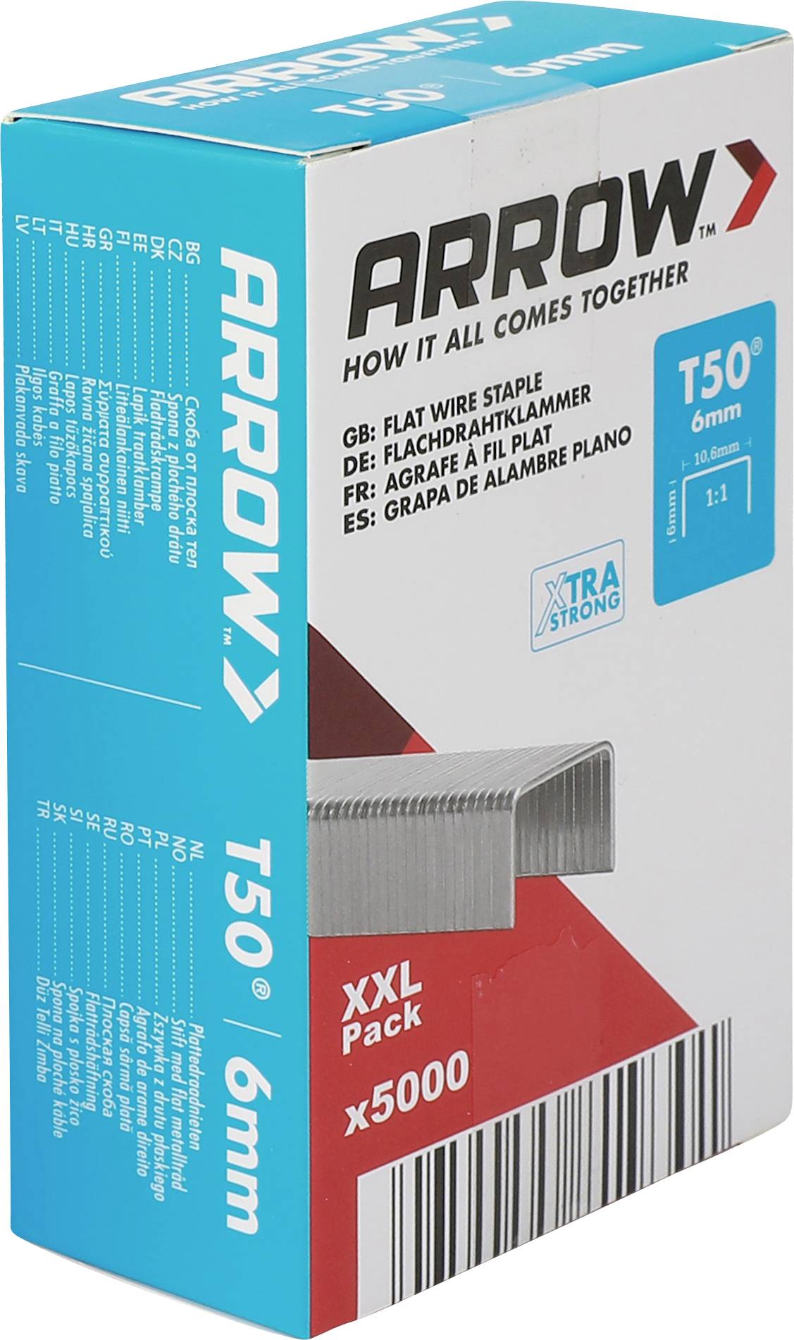 Arrow T50 6mm Heftklammern Box, XXL Pack mit 5000 Stück, auf weißem Hintergrund abgebildet.