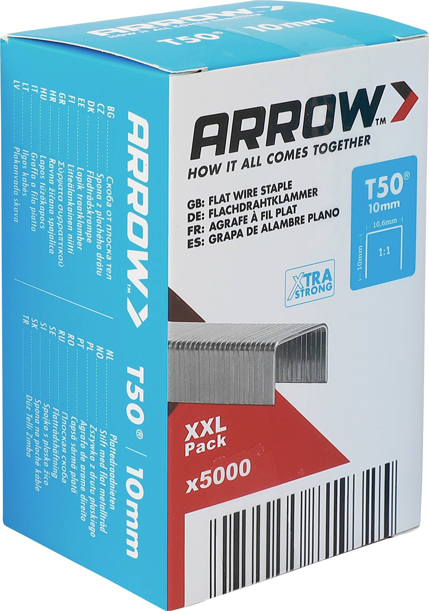 Karton mit Arrow T50 10 mm Flachdraht-Heftklammern, mit XL-Packung x5000 gekennzeichnet, auf weißem Hintergrund gezeigt.