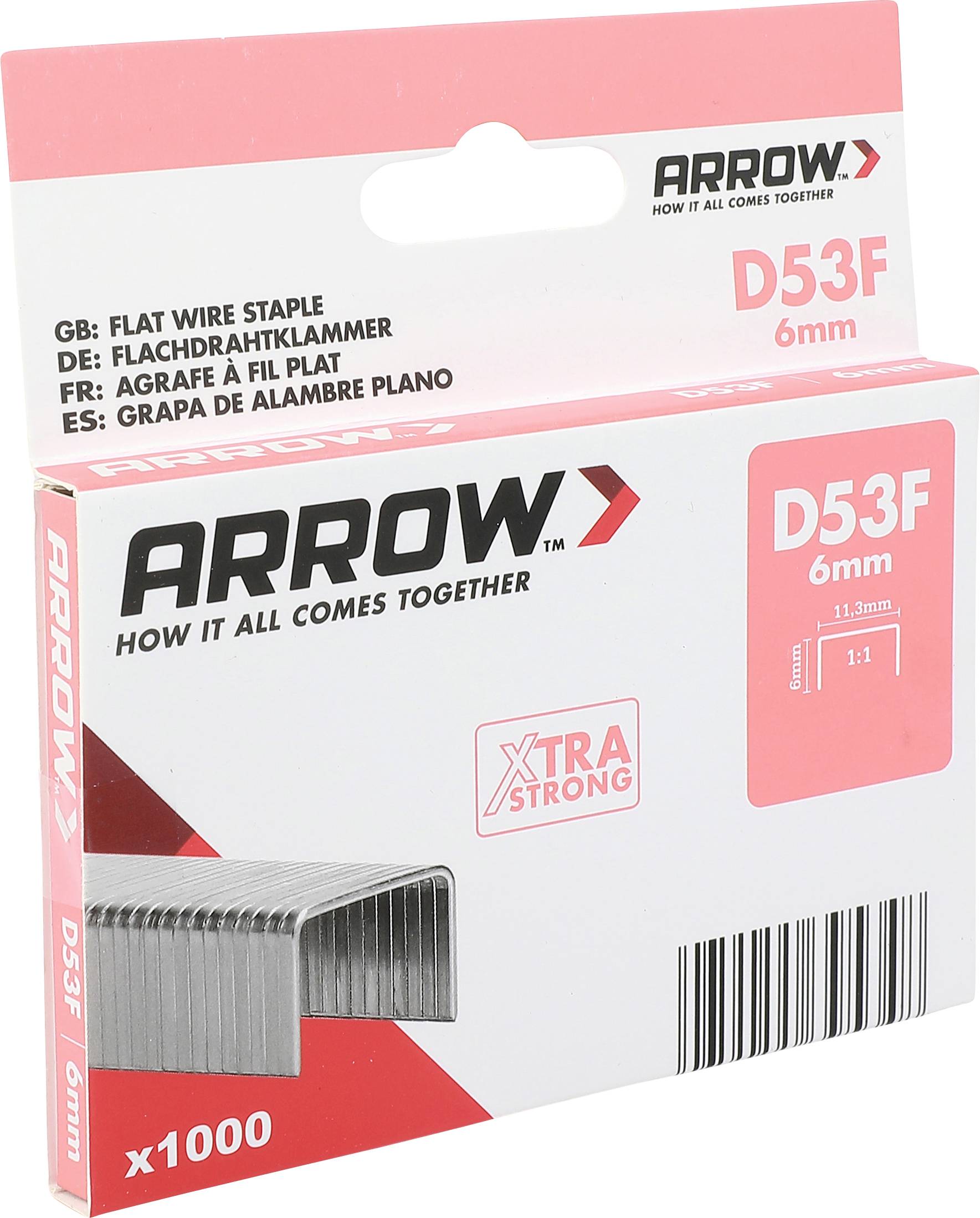Arrow D53F 6mm flache Drahtklammern Schachtel, x1000, gezeigt in weißer, rosa und roter Verpackung.