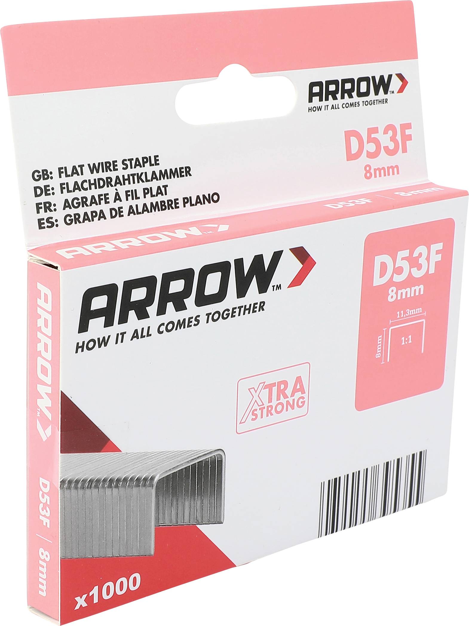 Arrow D53F 8mm Flachdraht-Klammern Schachtel, x1000, mit Produktbild und Barcode auf weißem Hintergrund.