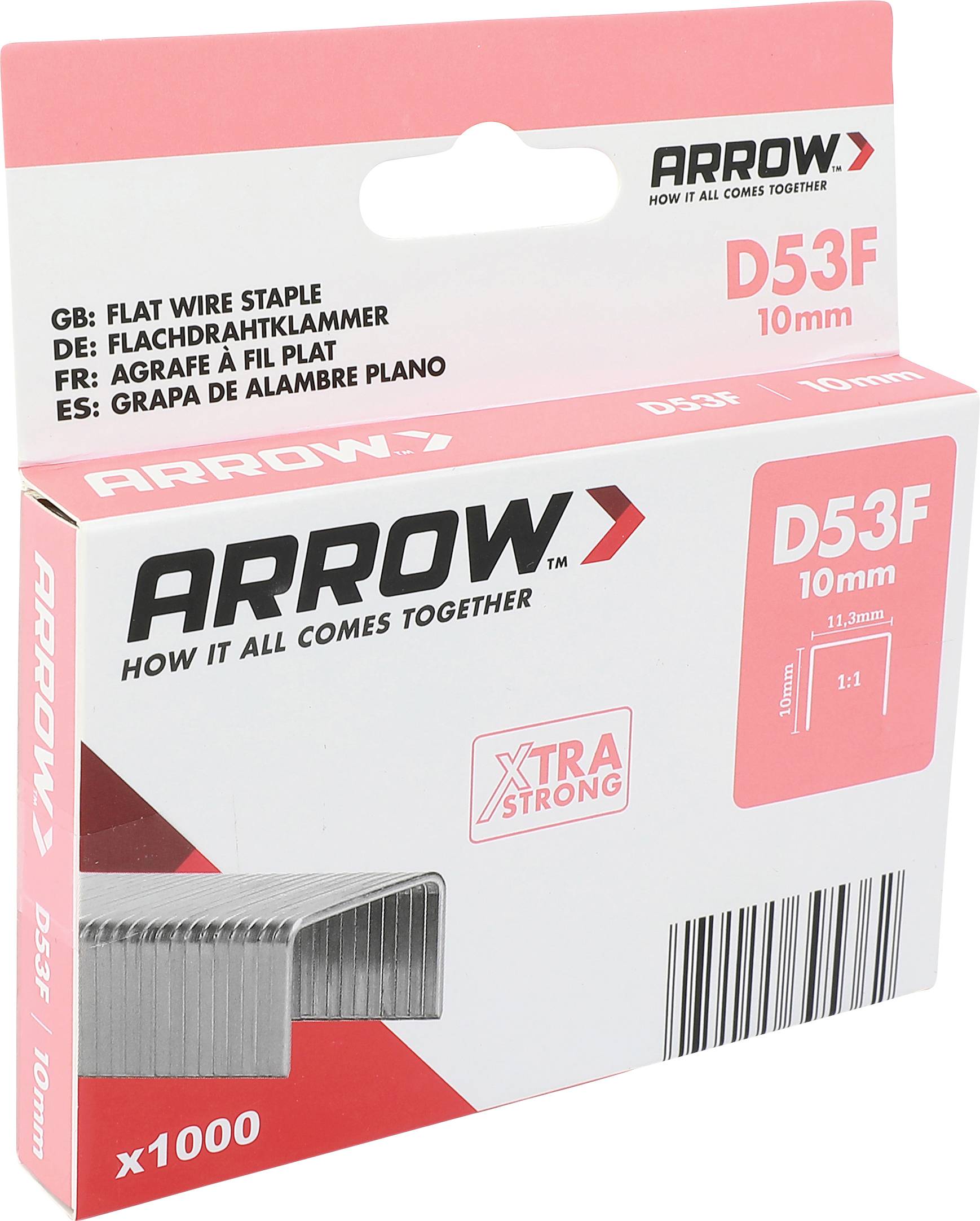 Arrow D53F 10 mm Flachdraht-Heftklammern Packung, Box mit 1000 Stück mit Produktabbildung und Barcode.