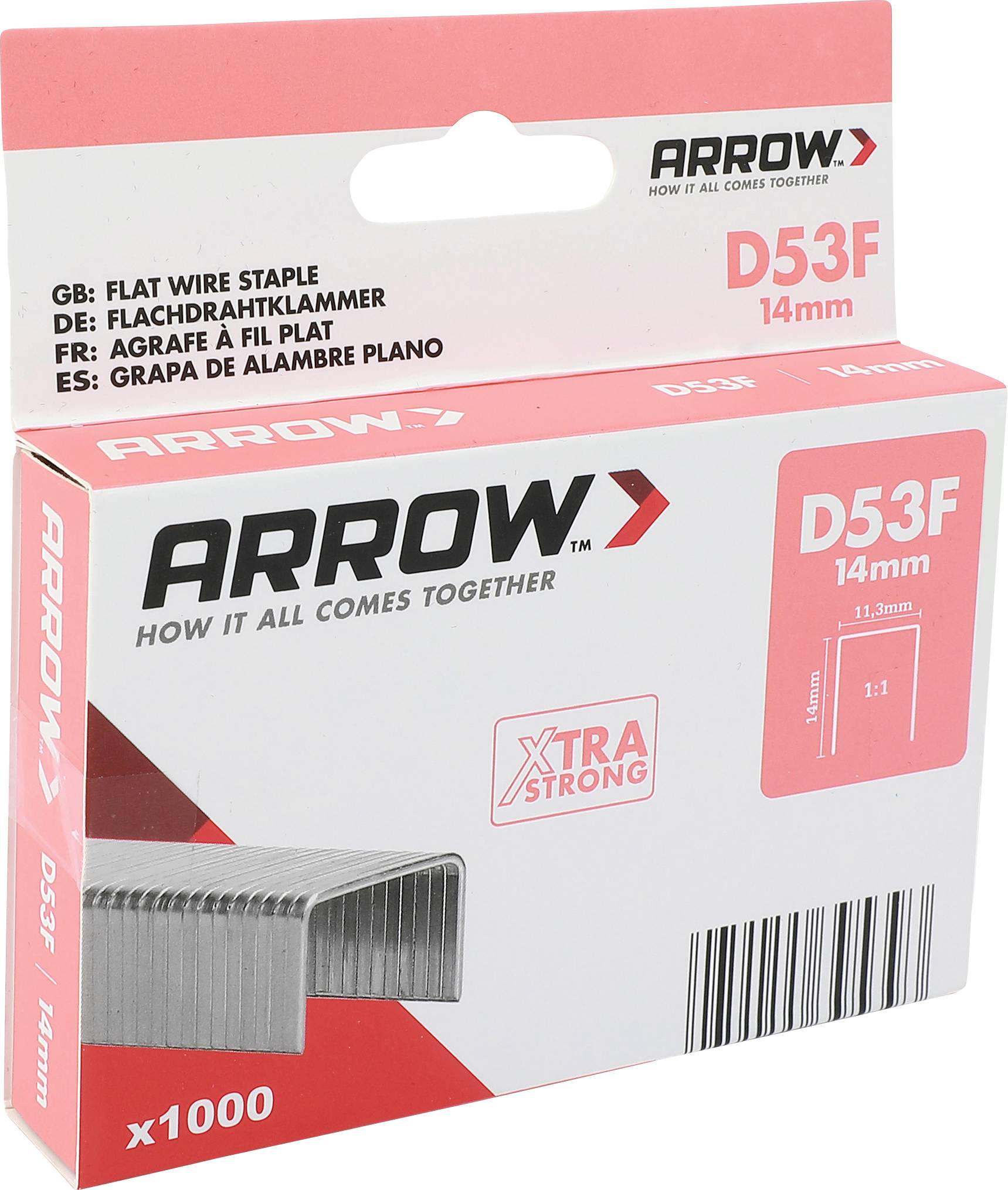 Schachttel mit Arrow D53F 14mm flache Drahtklammern, mit der Aufschrift x1000 und Xtra Strong, in Einzelhandelverpackung gezeigt.