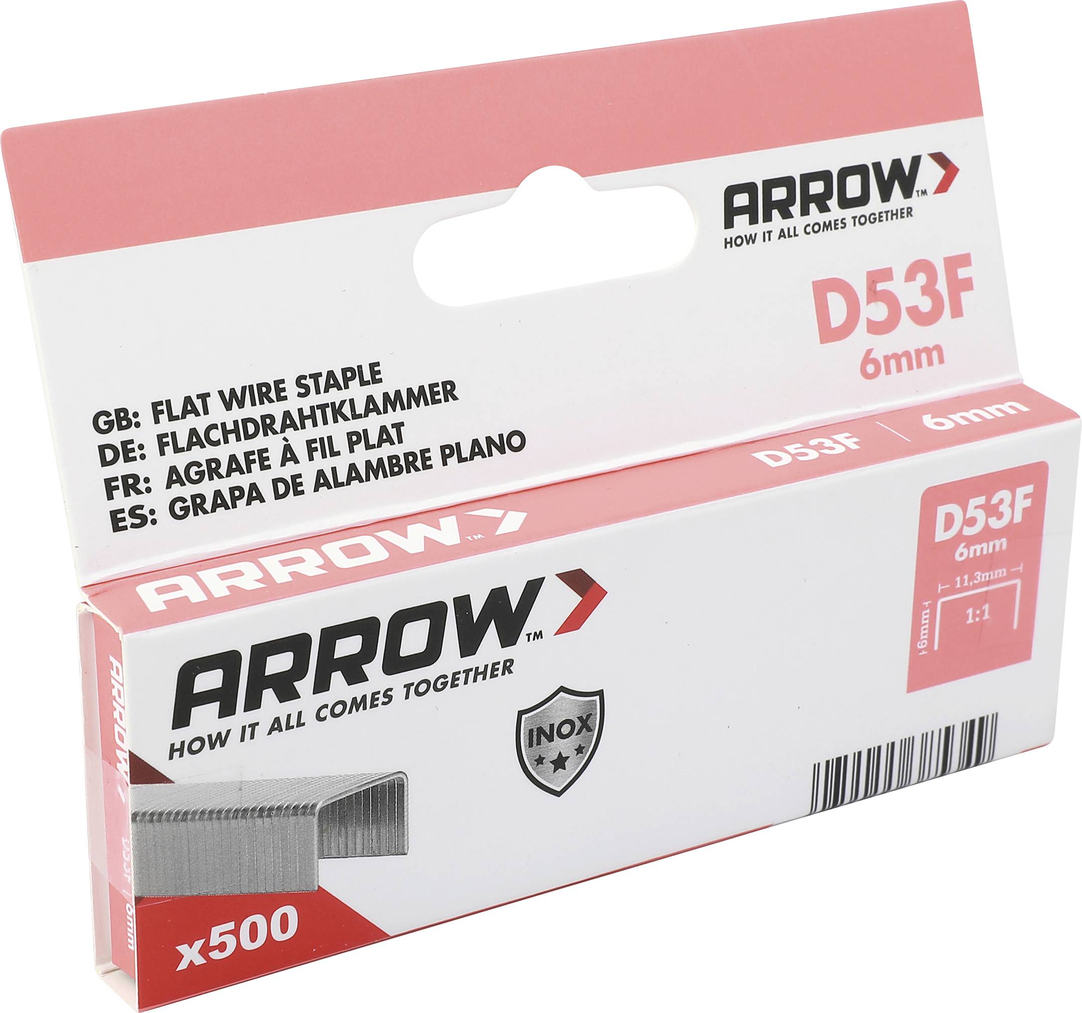 Arrow D53F 6mm flache Drahtklammern Box, Packung mit 500, auf weißem Hintergrund dargestellt.