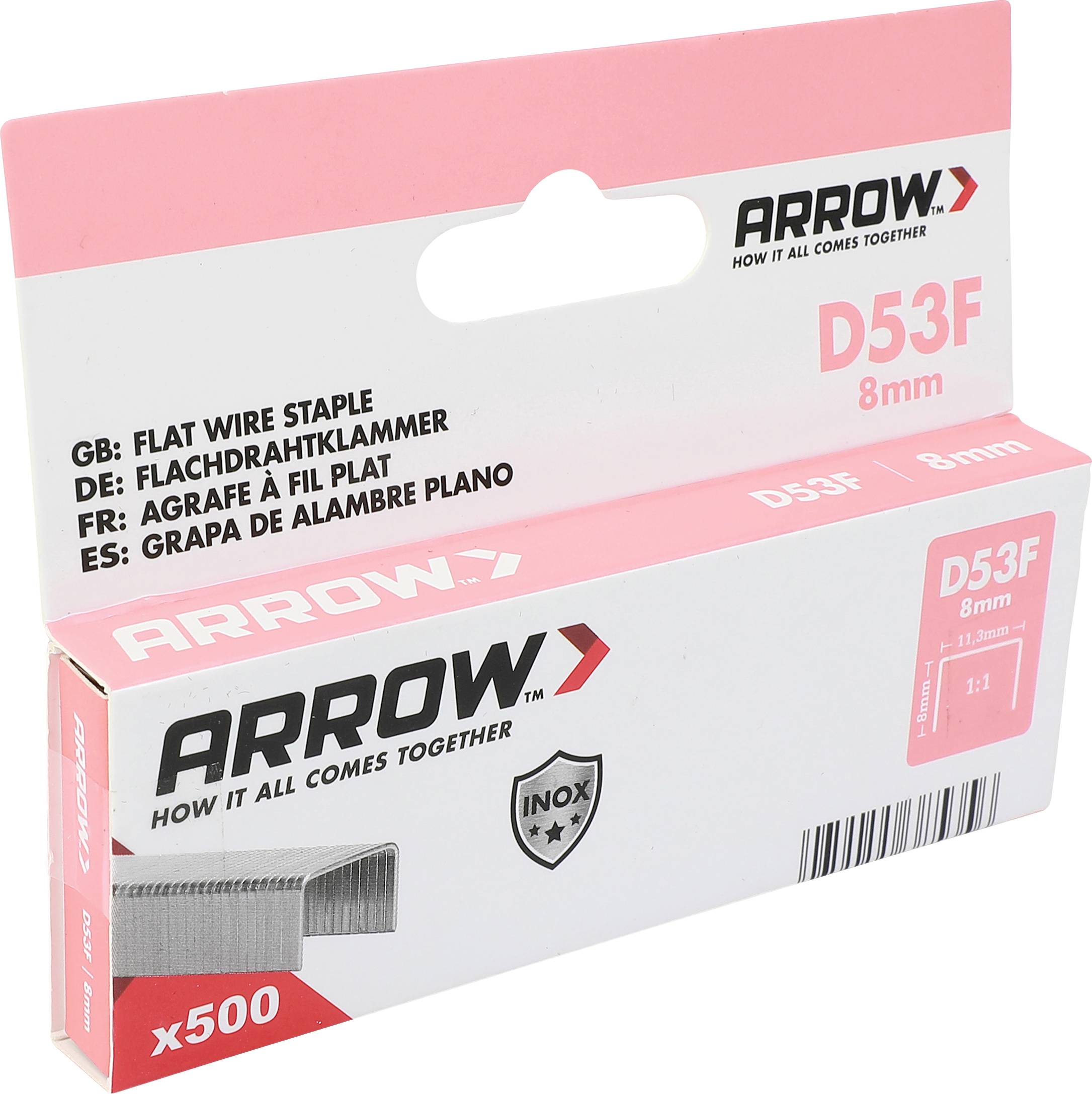 Arrow D53F 8mm Flachdraht-Heftklammern Karton, gekennzeichnet mit x500 und „Wie alles zusammenkommt