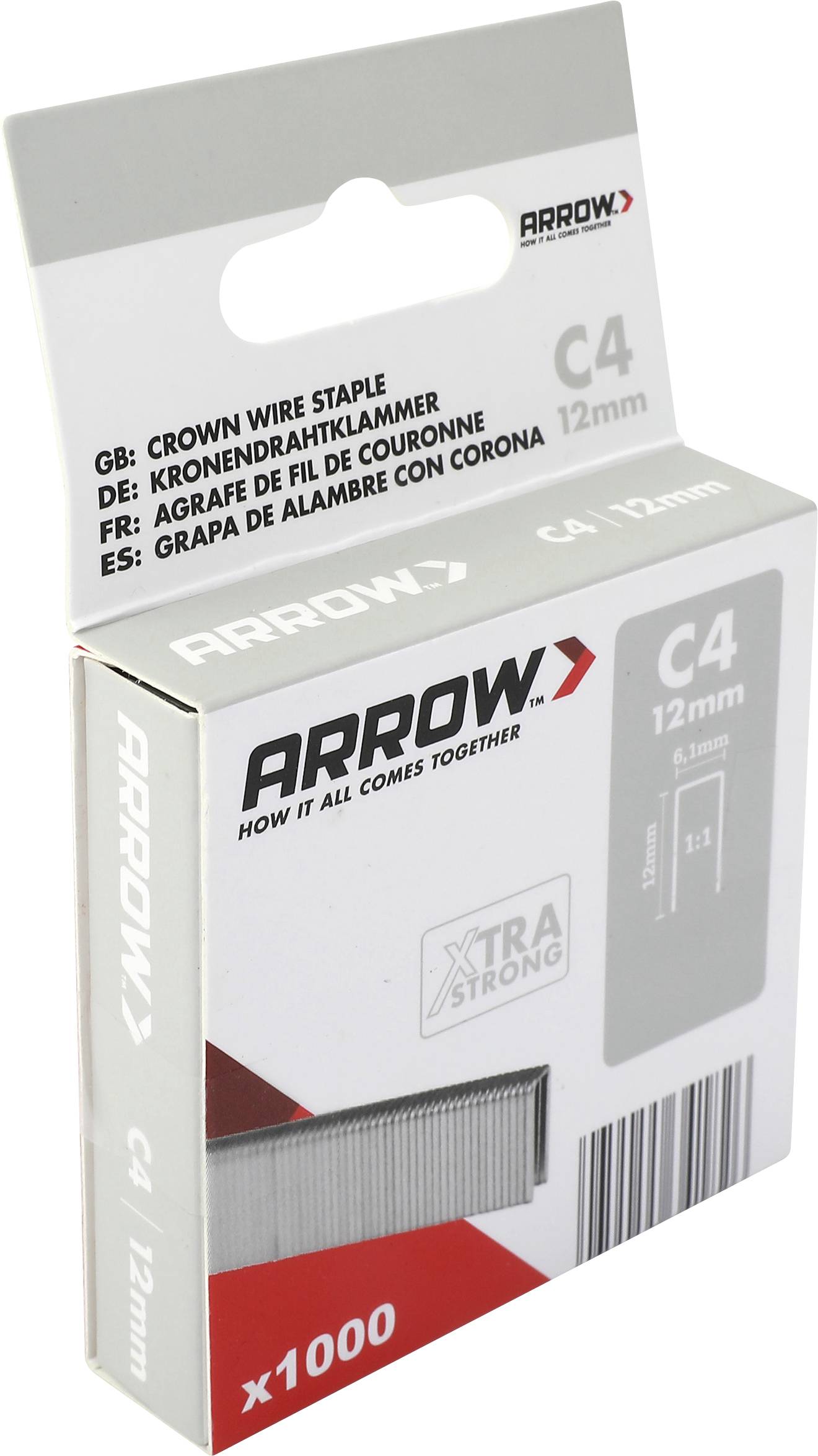 Arrow C4 12mm Heftklammern-Box mit 1.000 Heftklammern, auf weißem Hintergrund dargestellt.
