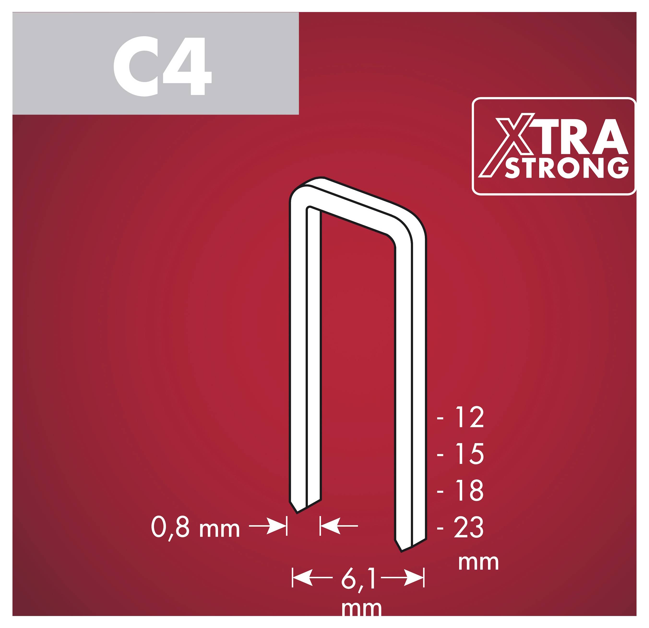 Diagramm einer C4 Xtra Strong Klammer: 0,8 mm Draht, 6,1 mm Breite und Schenkellängen von 12, 15, 18 oder 23 mm.