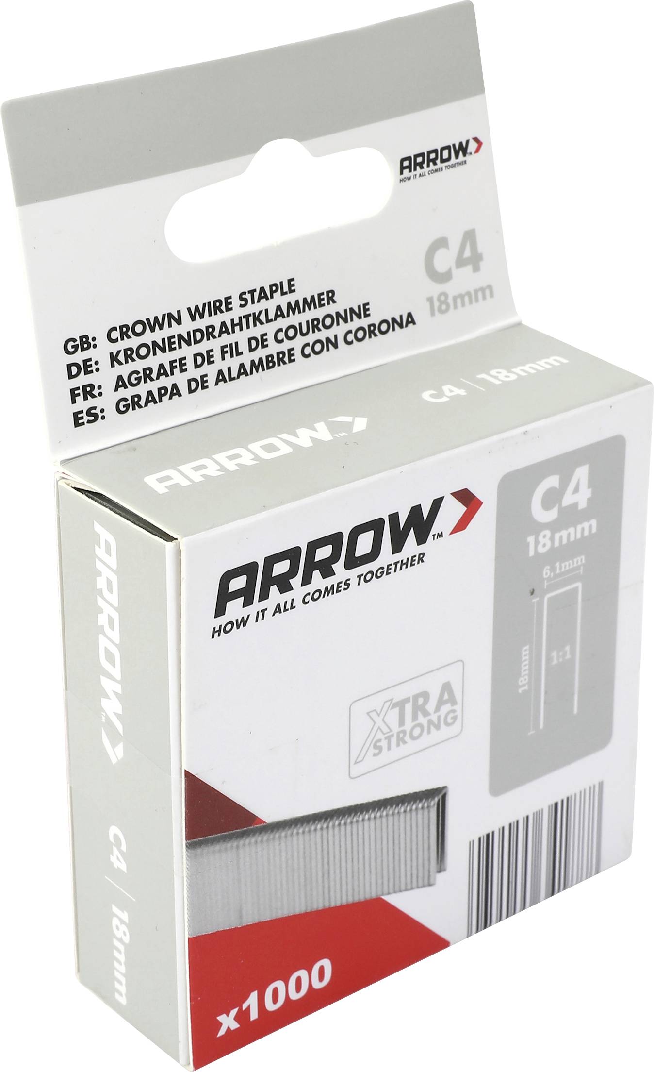 Schachtel mit Arrow C4 18mm Krone Drahtklammern, beschriftet mit x1000 und Xtra Strong, auf weißem Hintergrund dargestellt.