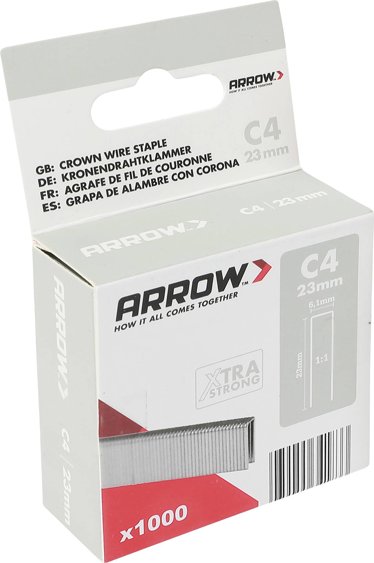 Pfeile C4 23 mm Kronendraht-Heftklammern Box, beschriftet x1000, auf weißem Hintergrund gezeigt.