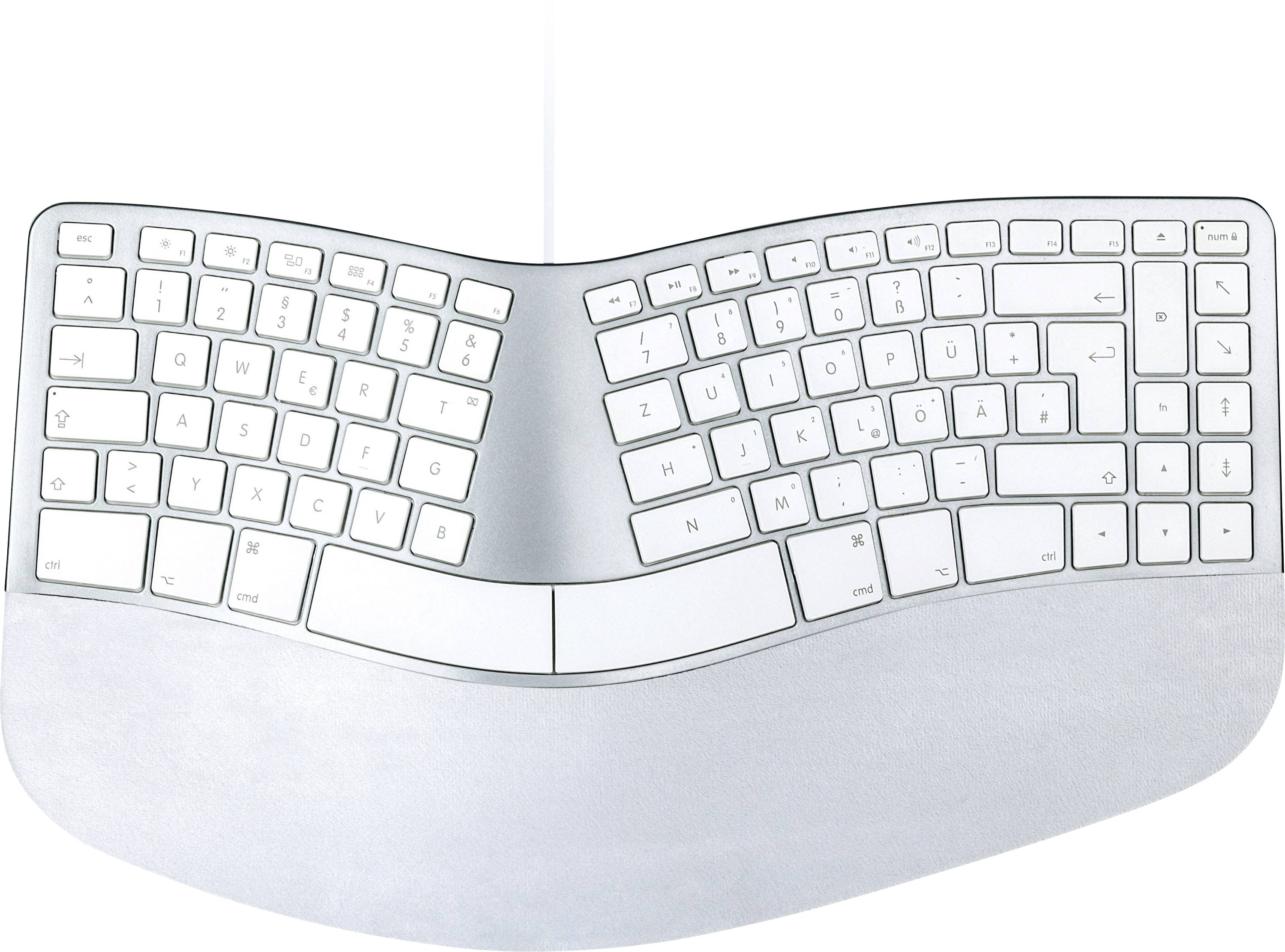 Weiße ergonomische geteilte Tastatur mit geschwungenem Design, von oben auf hellem Hintergrund gezeigt.