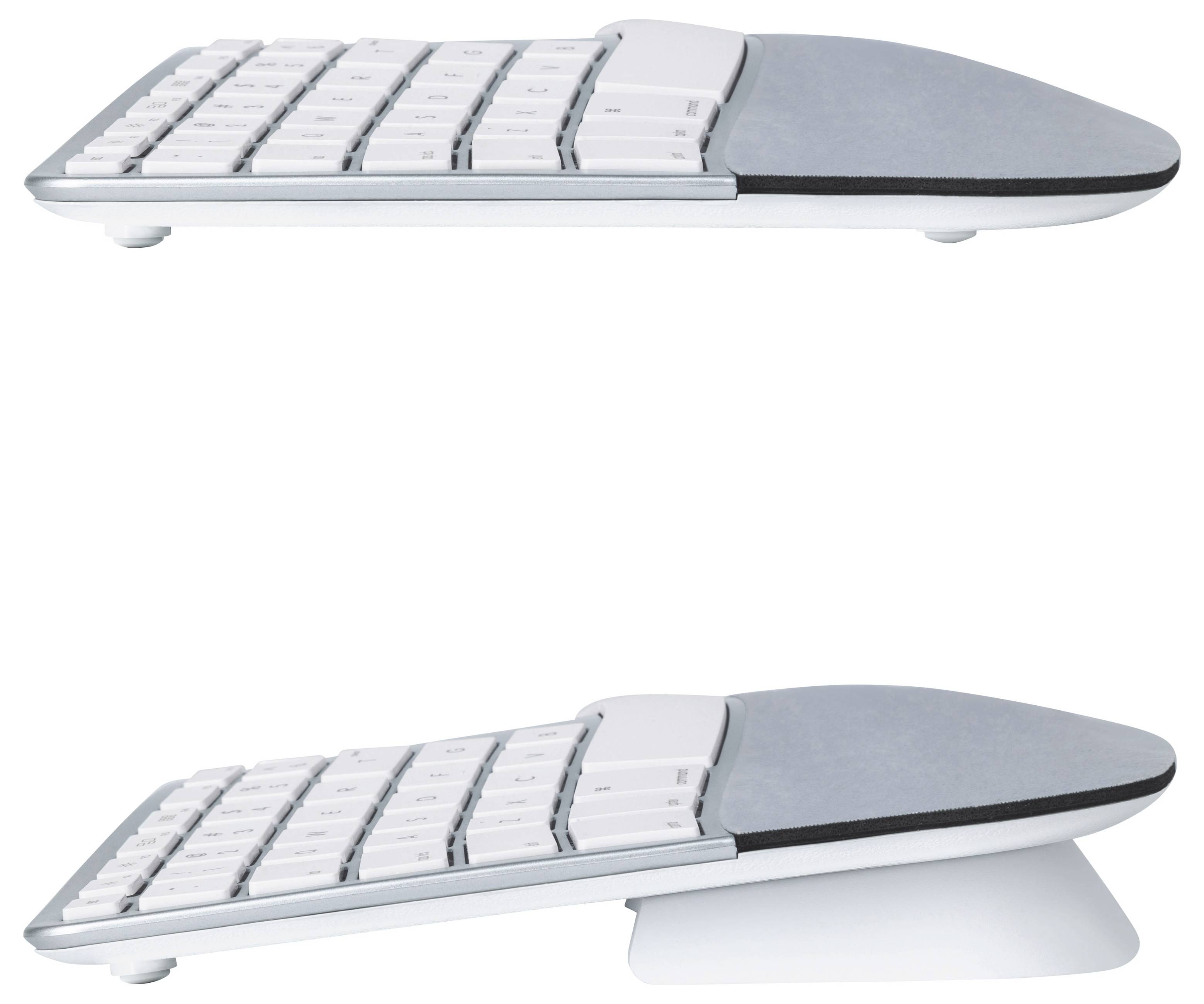 Seitenansicht einer weißen ergonomischen Tastatur mit angebrachter Handgelenkstütze, von zwei Winkeln gezeigt, um ihr flaches Design hervorzuheben.