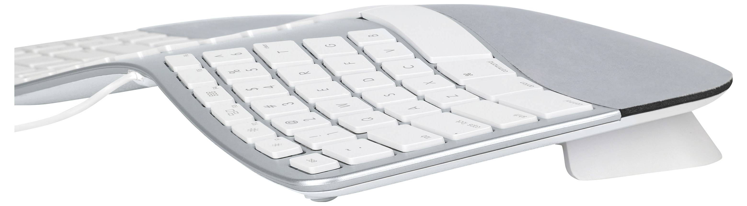 Weiße kabellose Computertastatur mit silbernem gebogenem Gehäuse und integriertem Touchpad, dargestellt auf einem einfachen hellen Hintergrund.