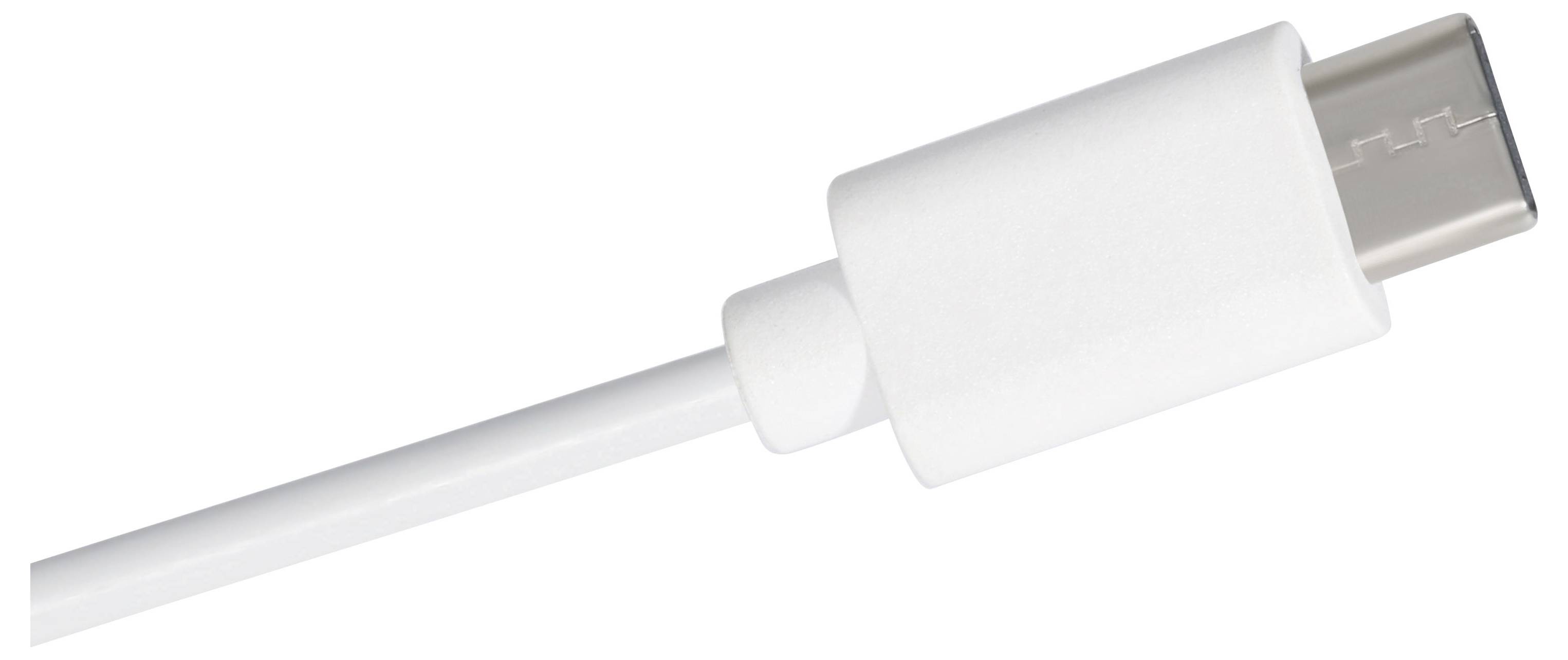 Nahaufnahme eines weißen USB-C-Steckers auf einfachem weißem Hintergrund.