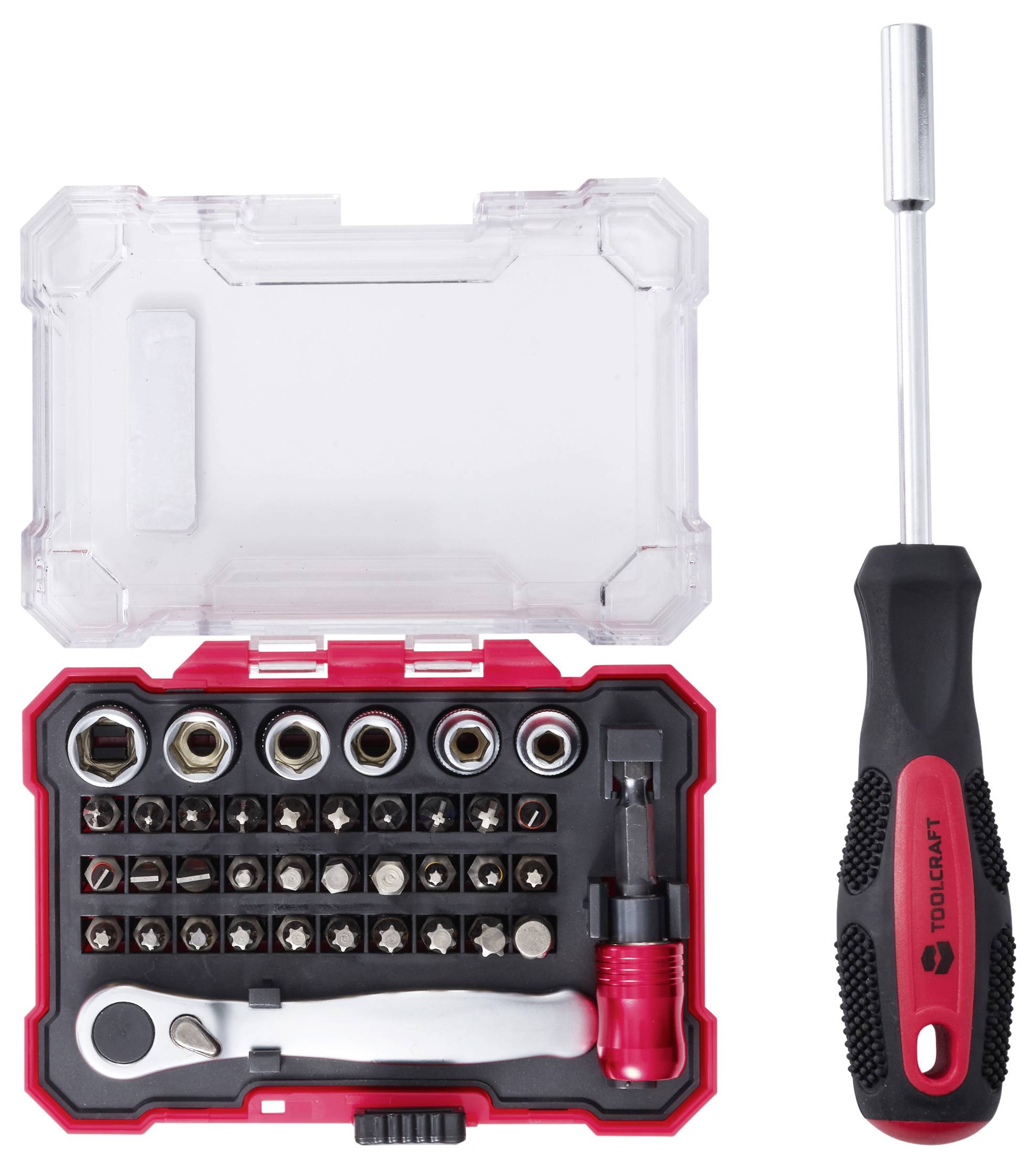 Schraubendreher- und Bit-Set in einem rot-schwarzen Koffer mit durchsichtigem Deckel, mit mehreren austauschbaren Bits und einem Griff-Schraubendreher.