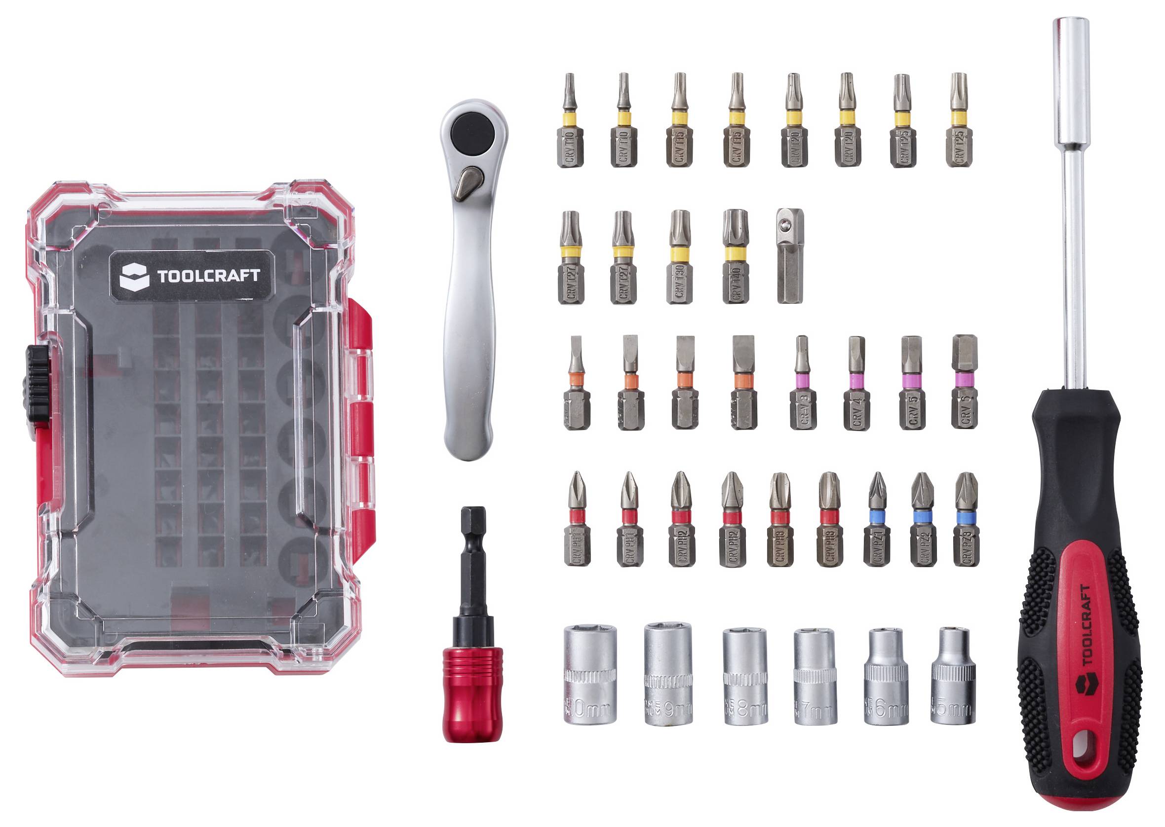 Toolcraft Ratschenschraubendreher-Set mit Aufbewahrungskoffer, Ratschengriff, Verlängerung, Bithalter und verschiedenen Schraubendreherbits sowie Sockeladaptern auf weißem Hintergrund angeordnet.