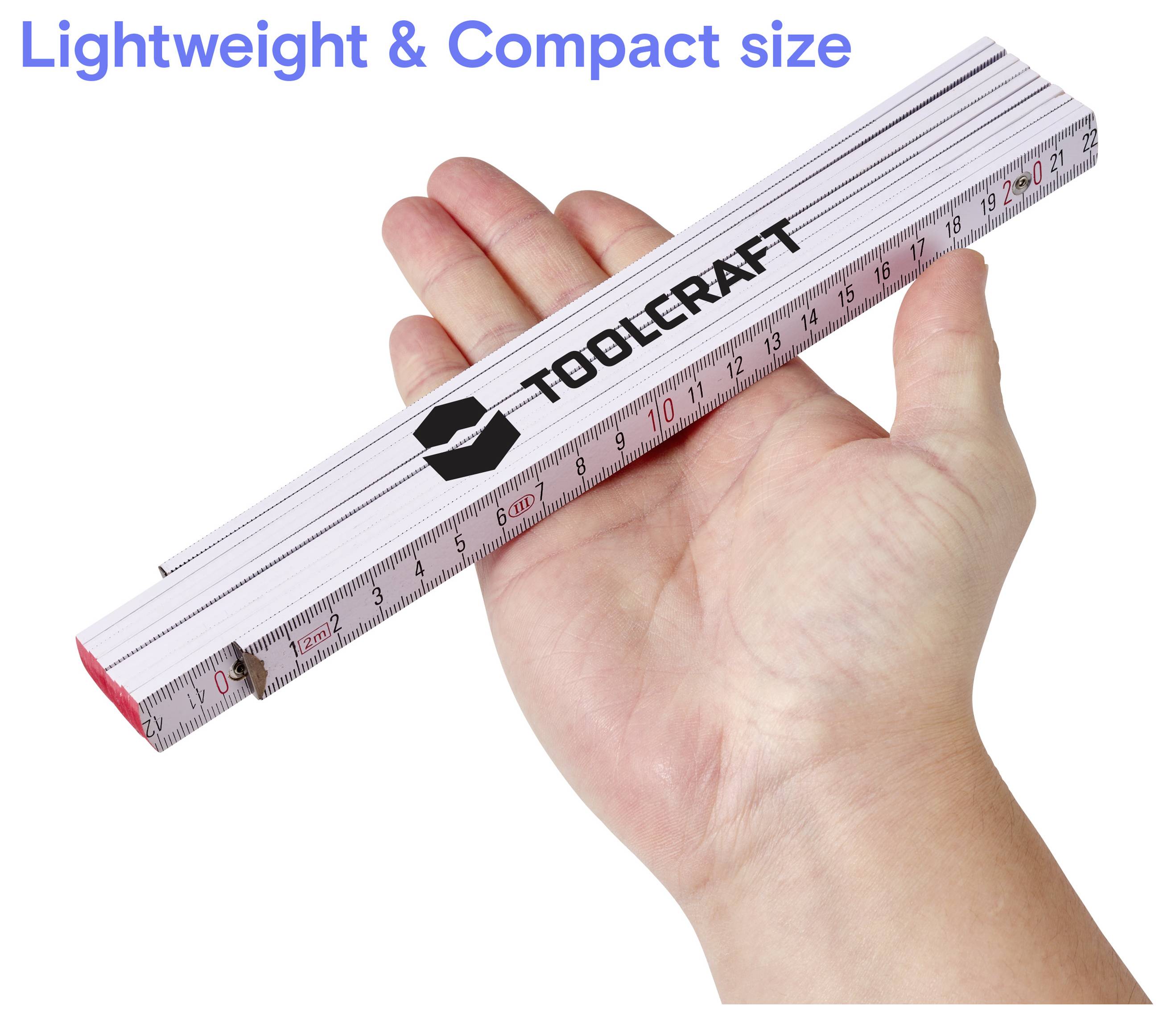 Hand hält ein kompaktes Faltlineal mit der Aufschrift 'TOOLCRAFT', mit blauem Text 'Lightweight & Compact size' darüber.