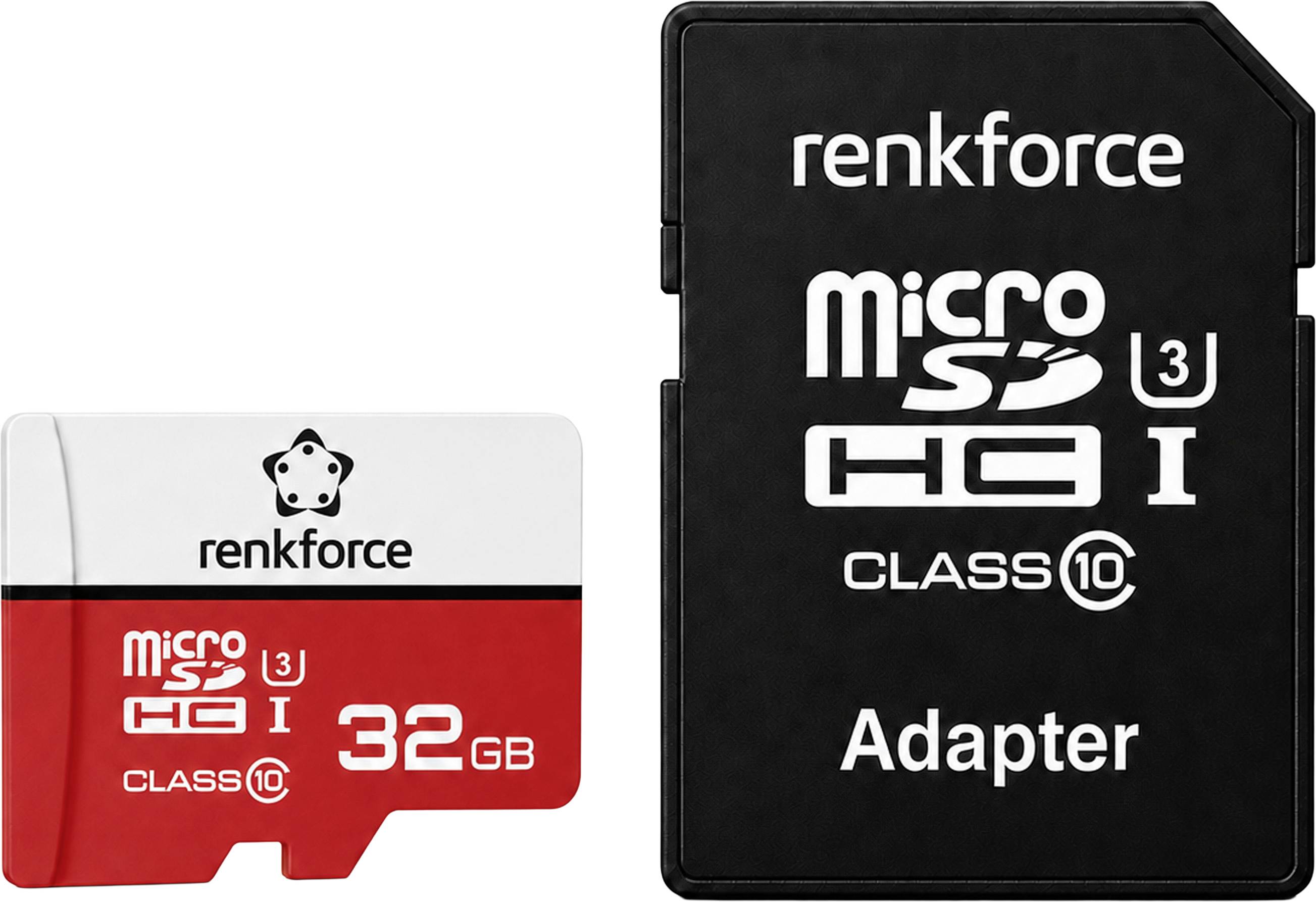 Renkforce 32 GB microSD-Karte mit Adapter nebeneinander gezeigt, beschriftet microSD HC I Klasse 10