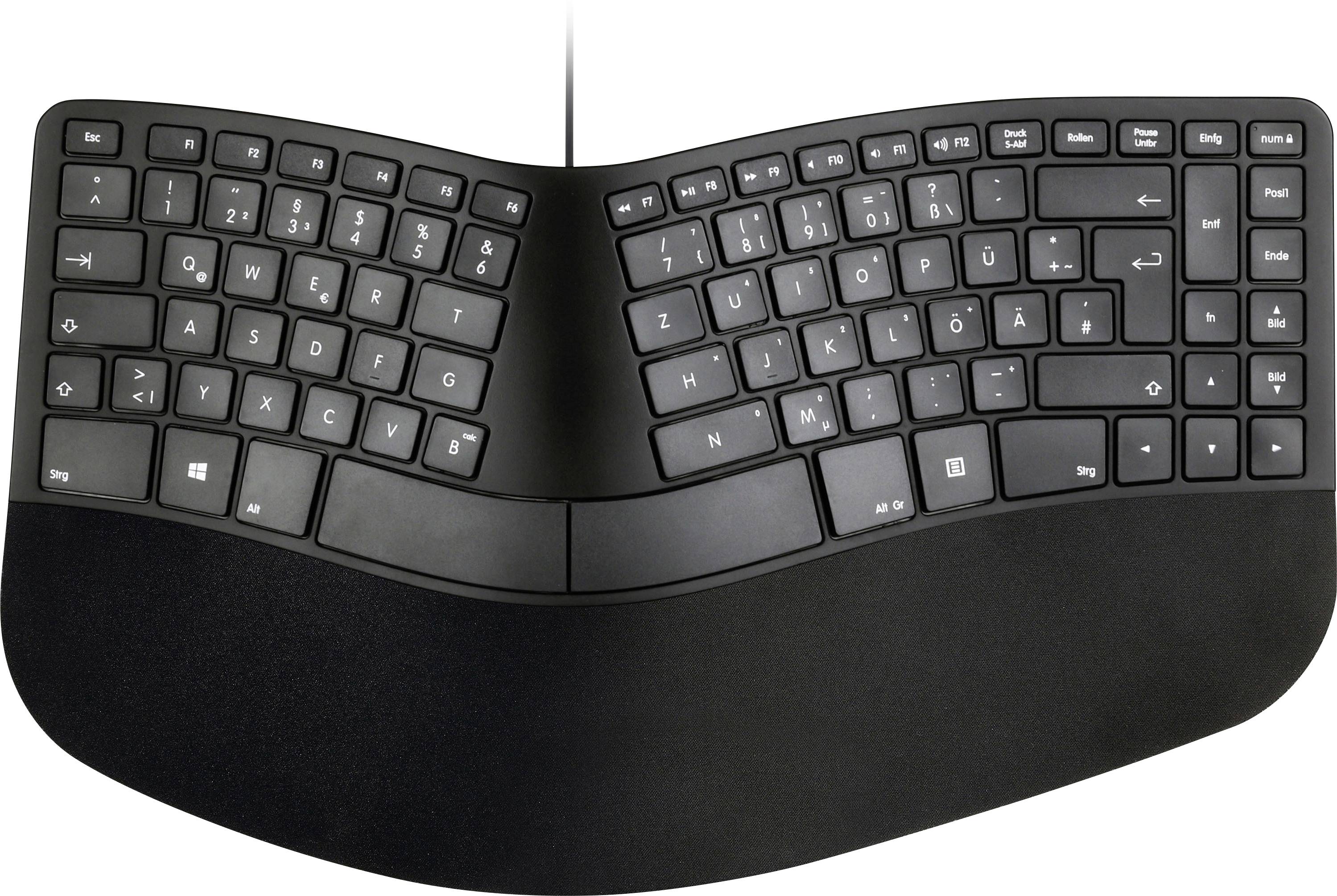 Geteilte ergonomische schwarze Tastatur mit gekrümmtem, gezelttem Layout und separaten linken und rechten Tastensektionen