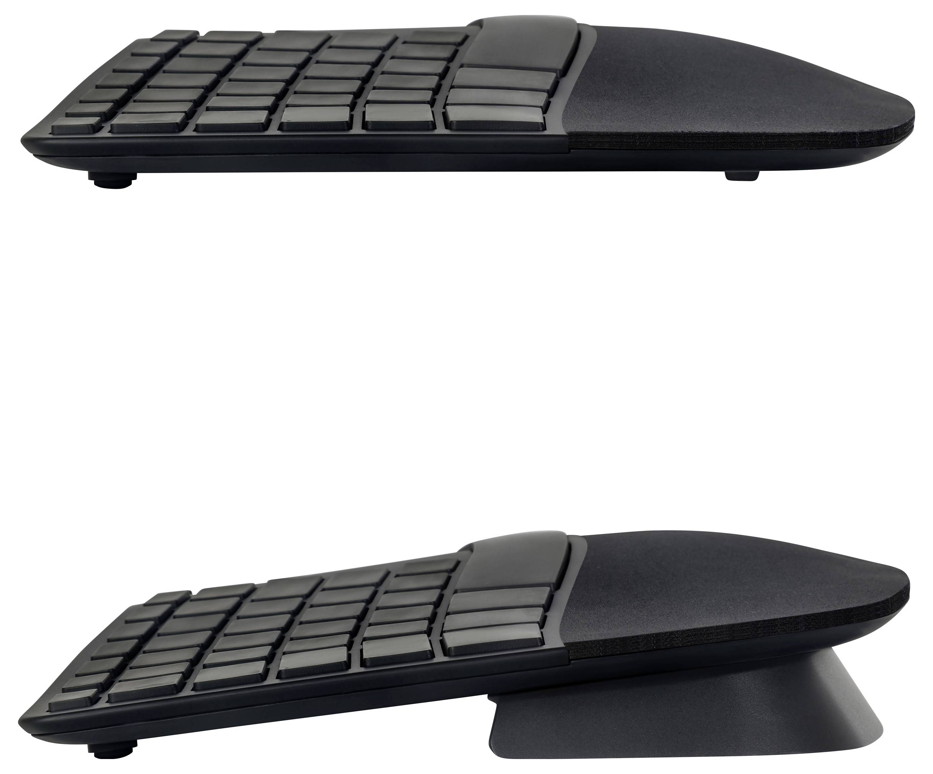Zwei Ansichten einer schwarzen ergonomischen Split-Tastatur, die ein flaches Profil und einen erhöhten Zeltwinkel zum Tippen zeigen.
