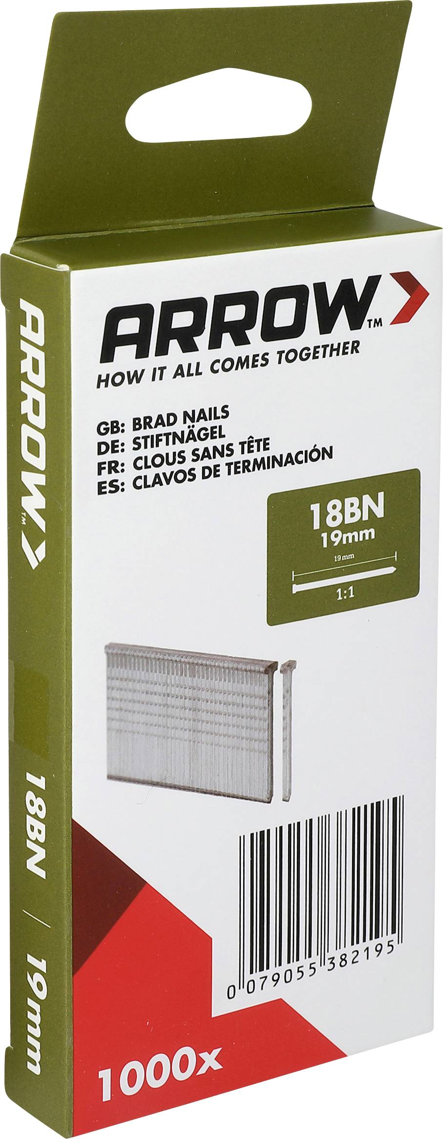 Arrow 18BN 19mm Stauchnagelbox, weiß und grün mit Barcode und 