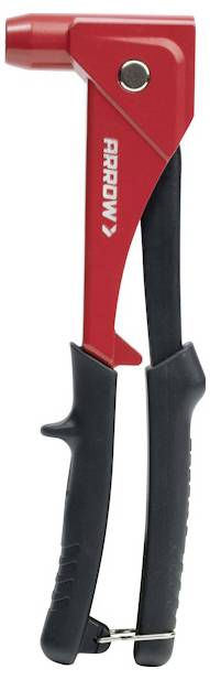 Red hand rivet tool with black handles, shown upright on a white background.