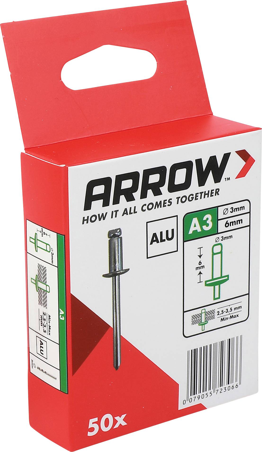 Rote Pfeile Marke Schachtel mit A3 Aluminium-Blindnieten, beschriftet mit 50x, auf weißem Hintergrund dargestellt.