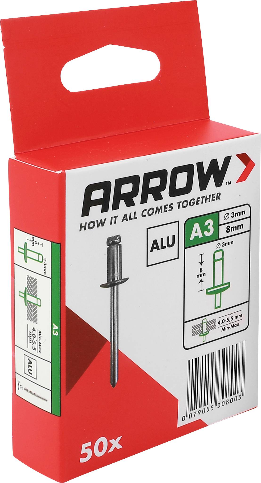 Rote Pfeile A3-Aluminium-Befestigungsbox mit Griffausschnitt, beschriftet mit „50x