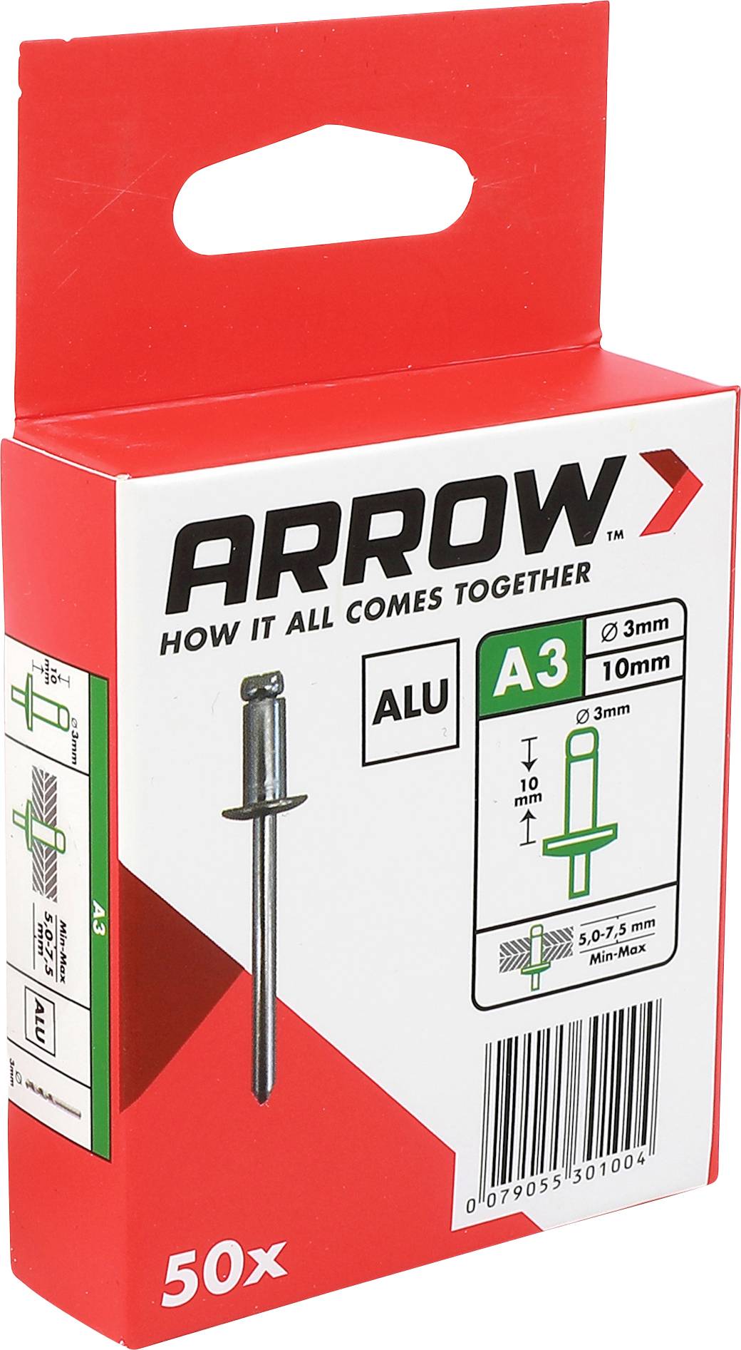 Red Arrow Aluminiumnietzkasten mit Kennzeichnung A3, zeigt eine 50er-Packung silberner Nieten mit Produktdiagramm und Strichcode.