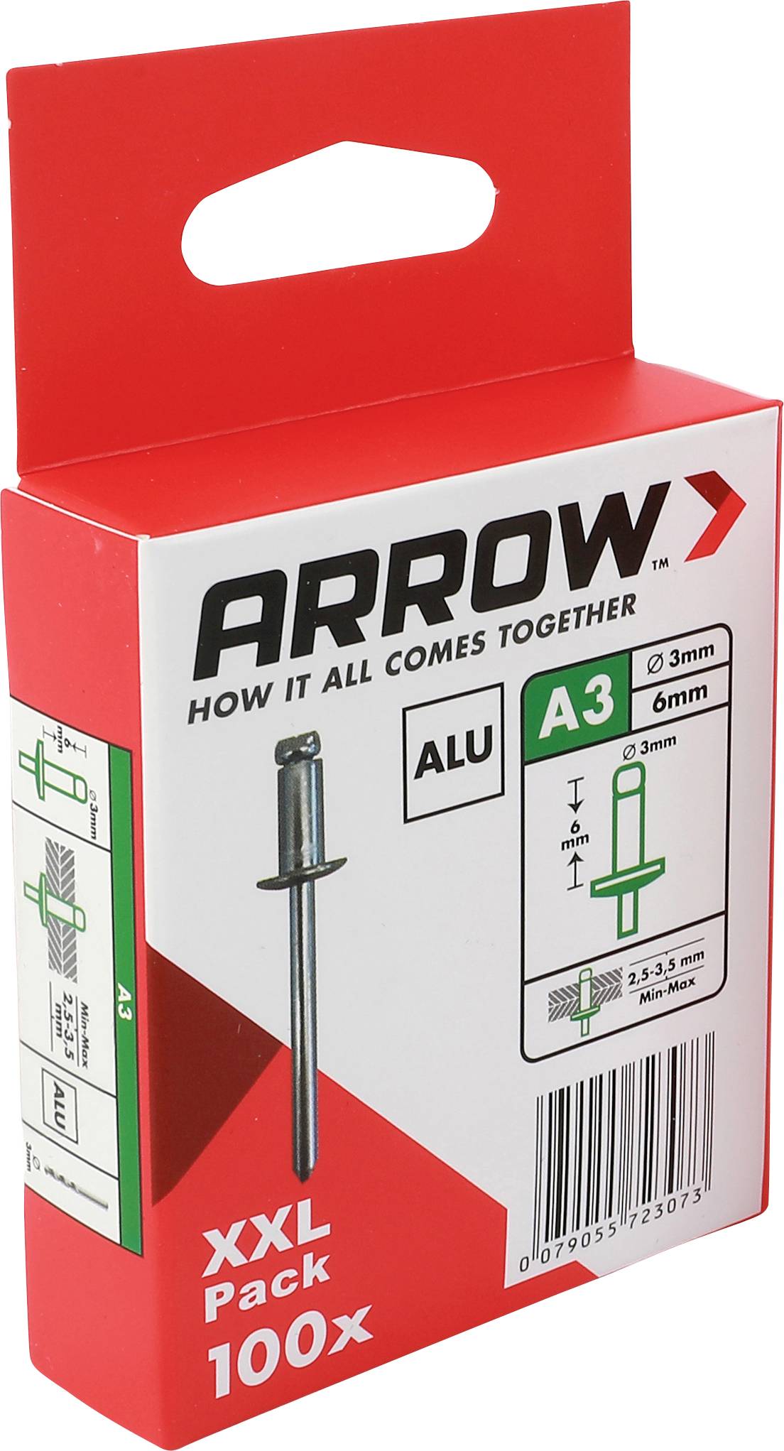 Red Arrow A3 Aluminium Blindniete Karton, beschriftet mit „XXL Pack 100x