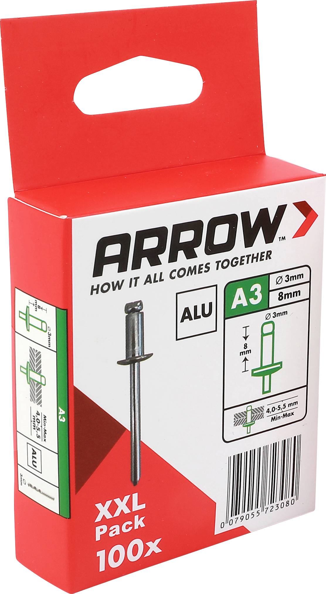 Rote ARROW A3 Aluminium-Blindniet-Box, gekennzeichnet mit „XXL Pack 100x