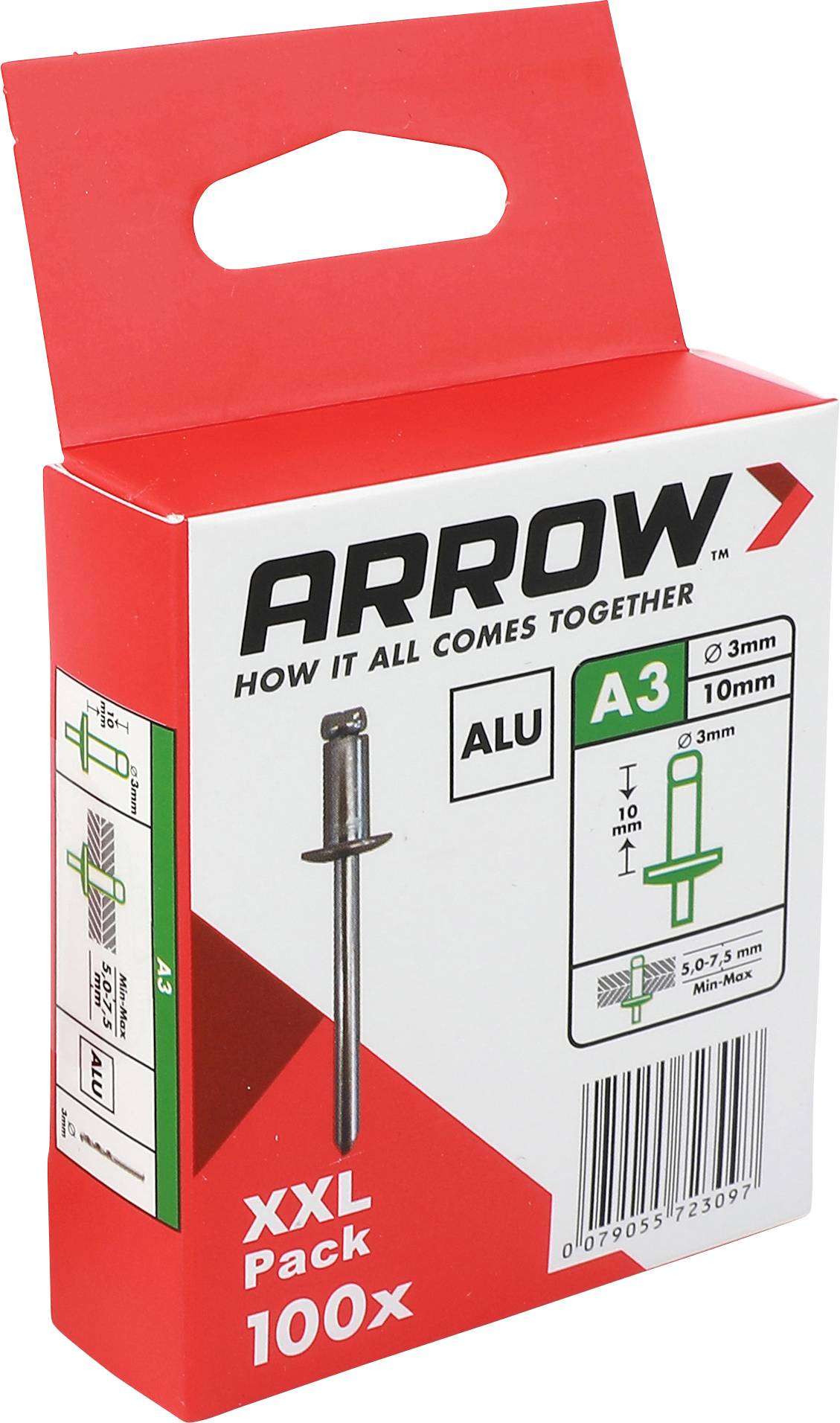 Produktverpackung für ARROW A3 Aluminium-Befestigungselemente, XXL-Packung 100x, gezeigt in einer rot-weißen Schachtel mit Griff und Barcode.