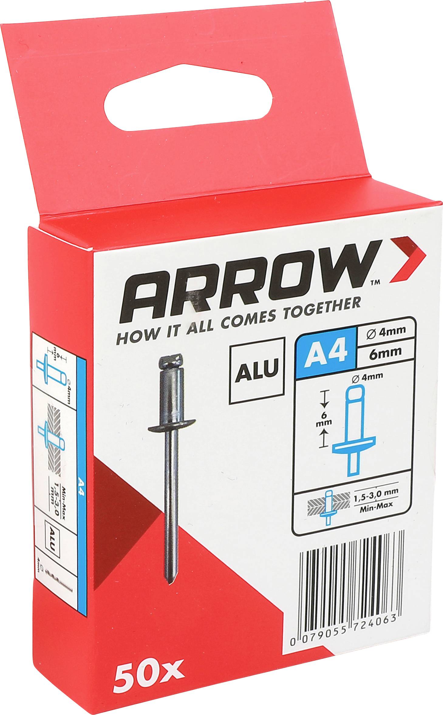 Rote Schachtel mit ARROW A4-Aluminium-Blindnietmuttern, 50er-Pack, mit Produktdiagramm und Barcode auf der Vorderseite.