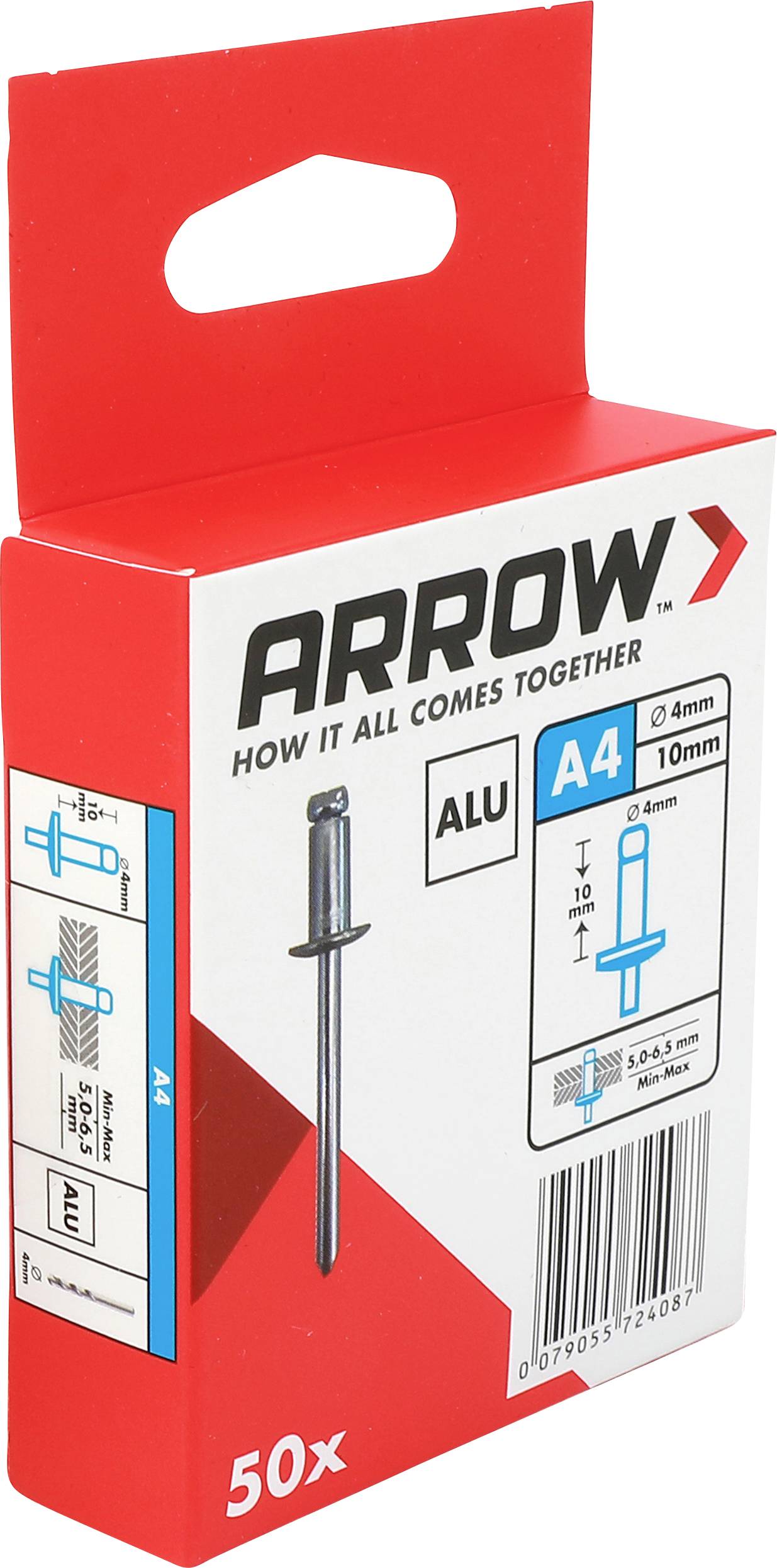 Red Arrow ALU A4 4 mm Blindnieten Box, 50er, mit Produktabbildung und Barcode.