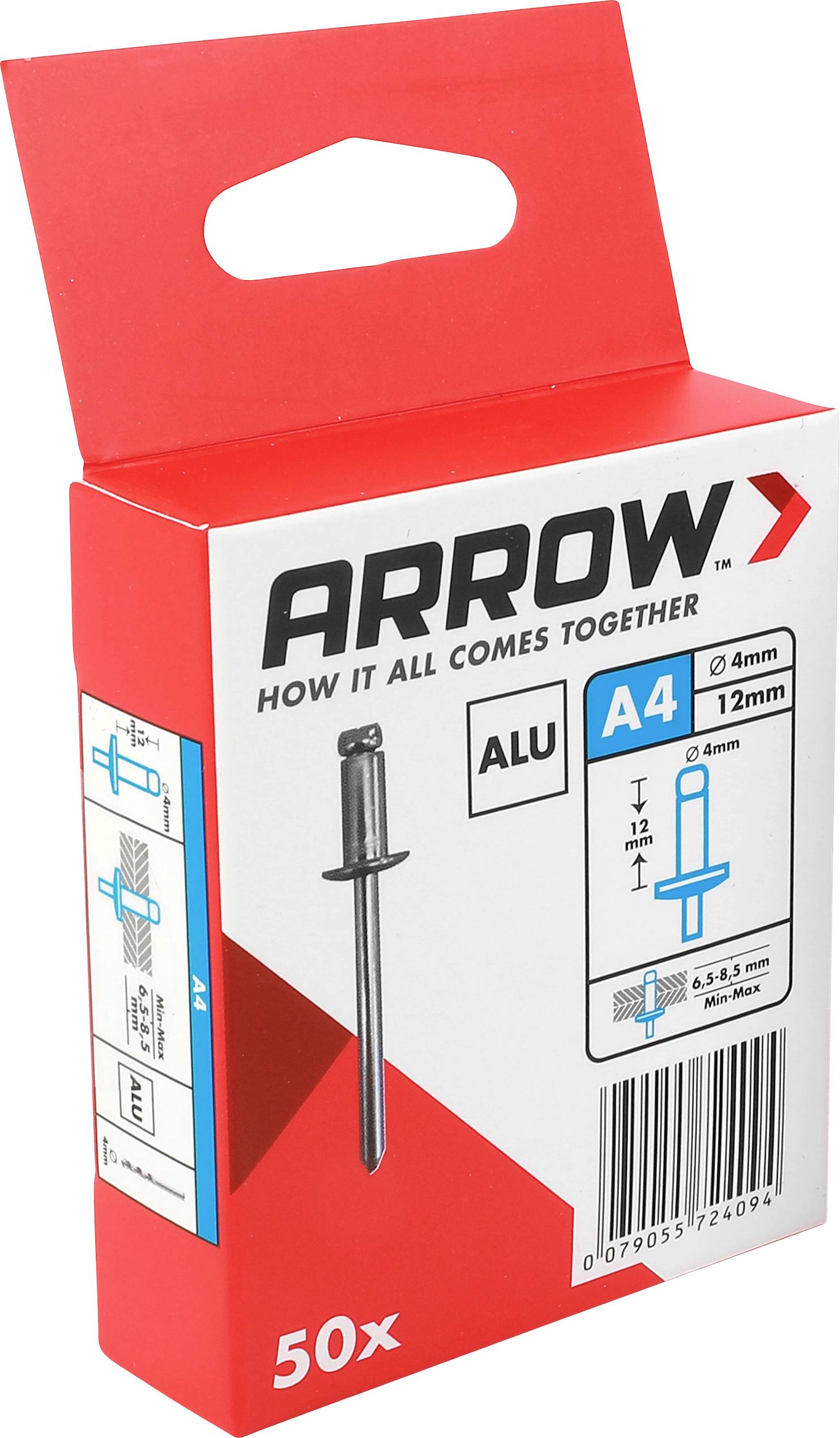Red Arrow Markenkarton mit 50 Aluminium A4 Nieten, zeigt ein Nietbild, Größe 4 mm x 12 mm und Strichcode.
