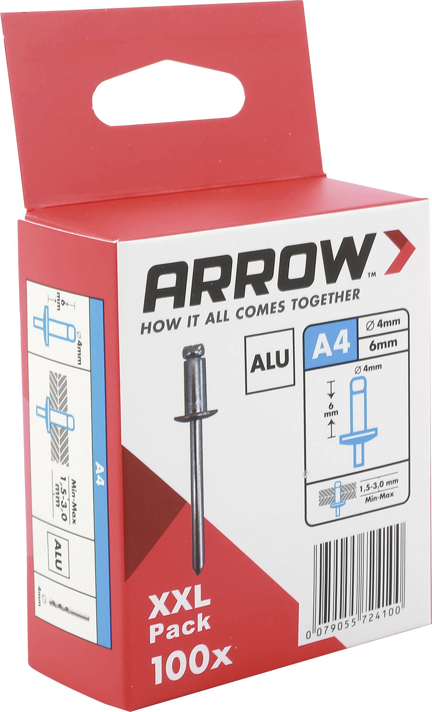 Roter Pfeil Blindnieten-Set mit Beschriftung ALU A4 4mm/6mm, XXL-Pack 100er, mit Produktdiagramm und Barcode auf roter Schachtel.